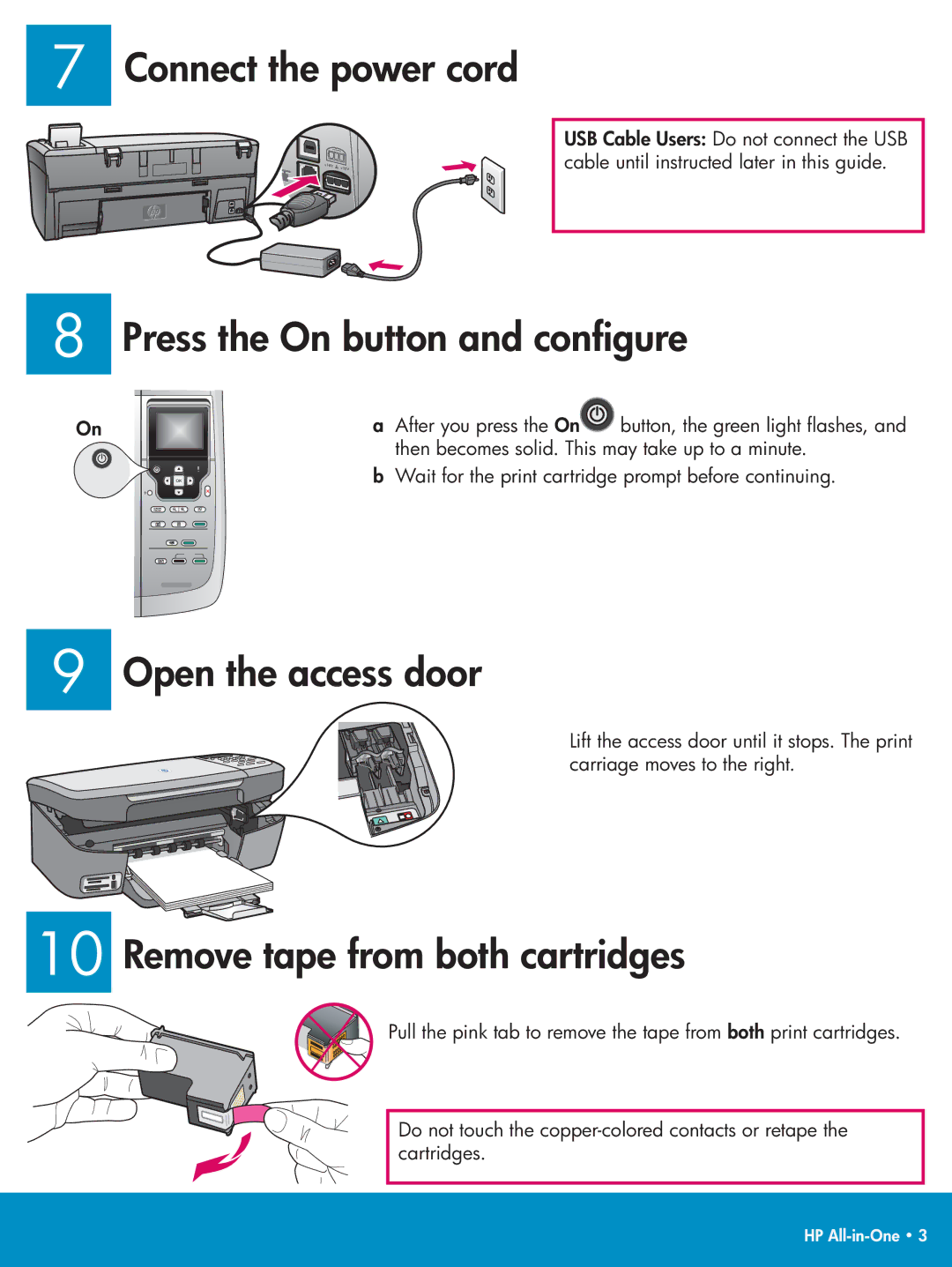 HP 2575v Connect the power cord, Press the On button and conﬁgure, Open the access door, Remove tape from both cartridges 