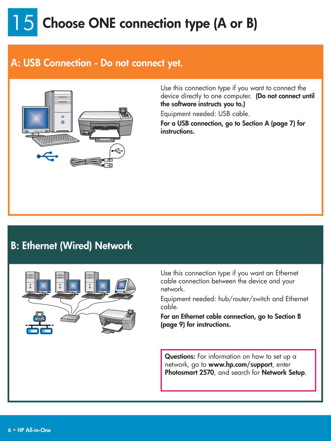 HP 2575v, 2575xi manual Choose ONE connection type a or B, USB Connection Do not connect yet 