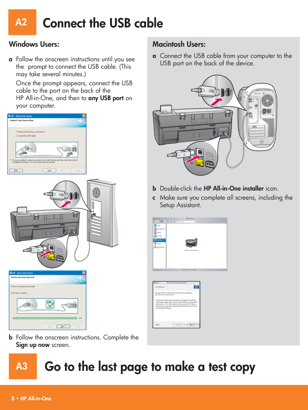 HP 2575xi, 2575v manual A2 Connect the USB cable, A3 Go to the last page to make a test copy 