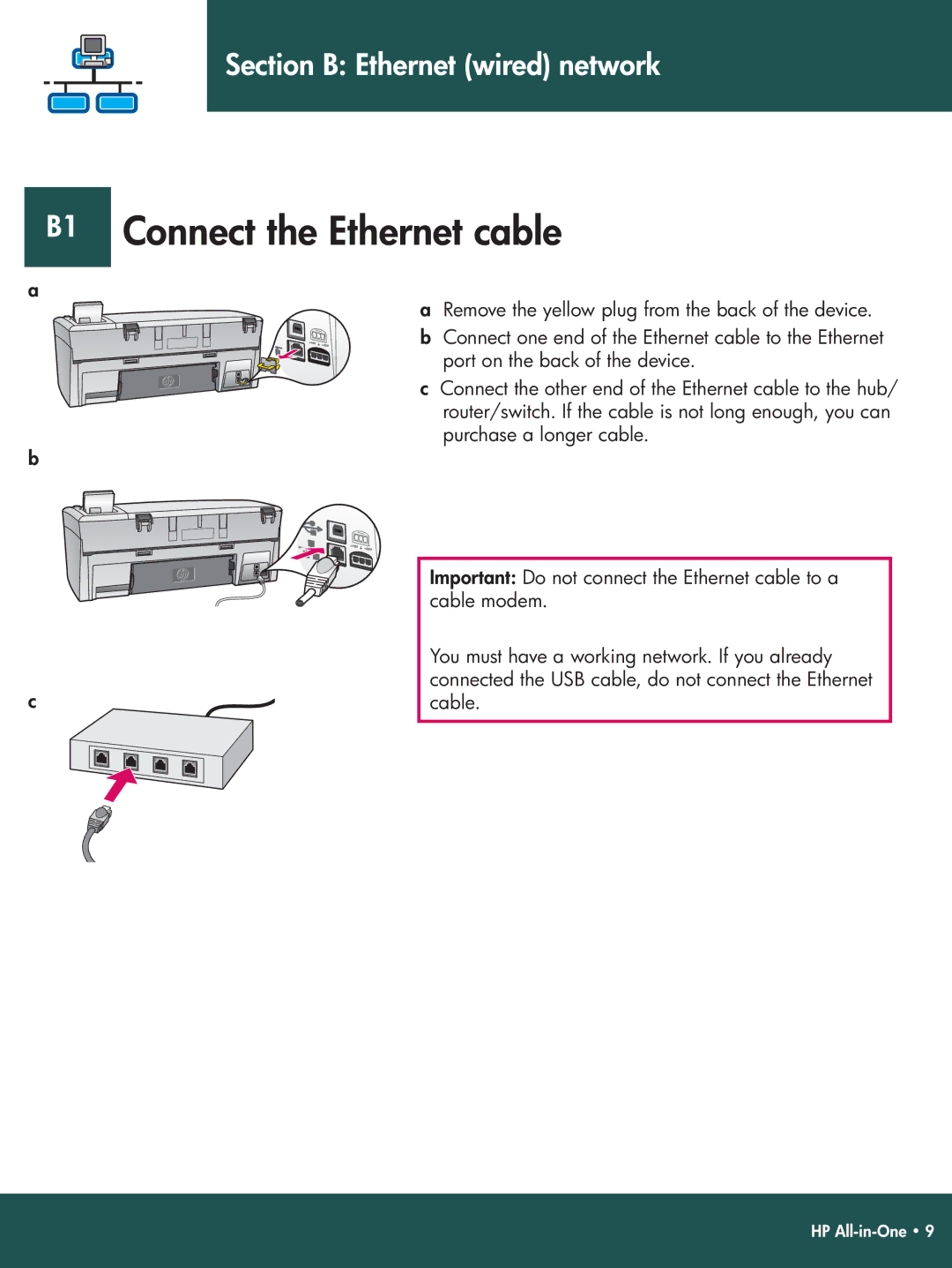 HP 2575v, 2575xi manual B1 Connect the Ethernet cable 