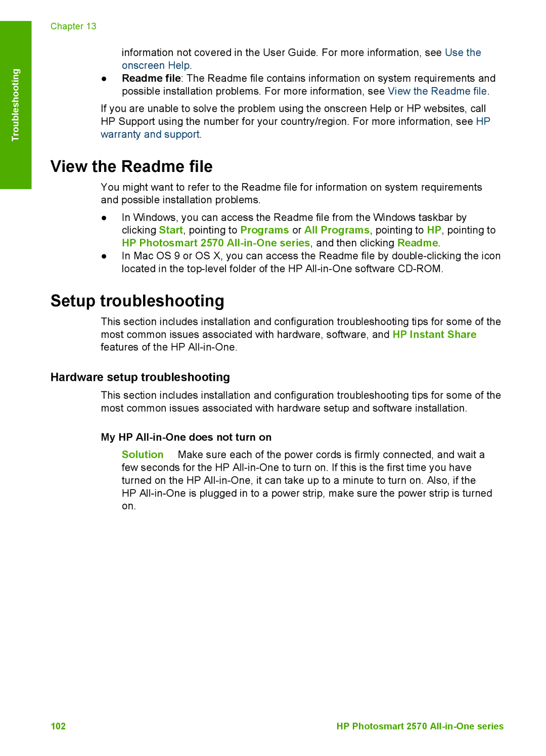 HP 2575xi View the Readme file, Setup troubleshooting, Hardware setup troubleshooting, My HP All-in-One does not turn on 