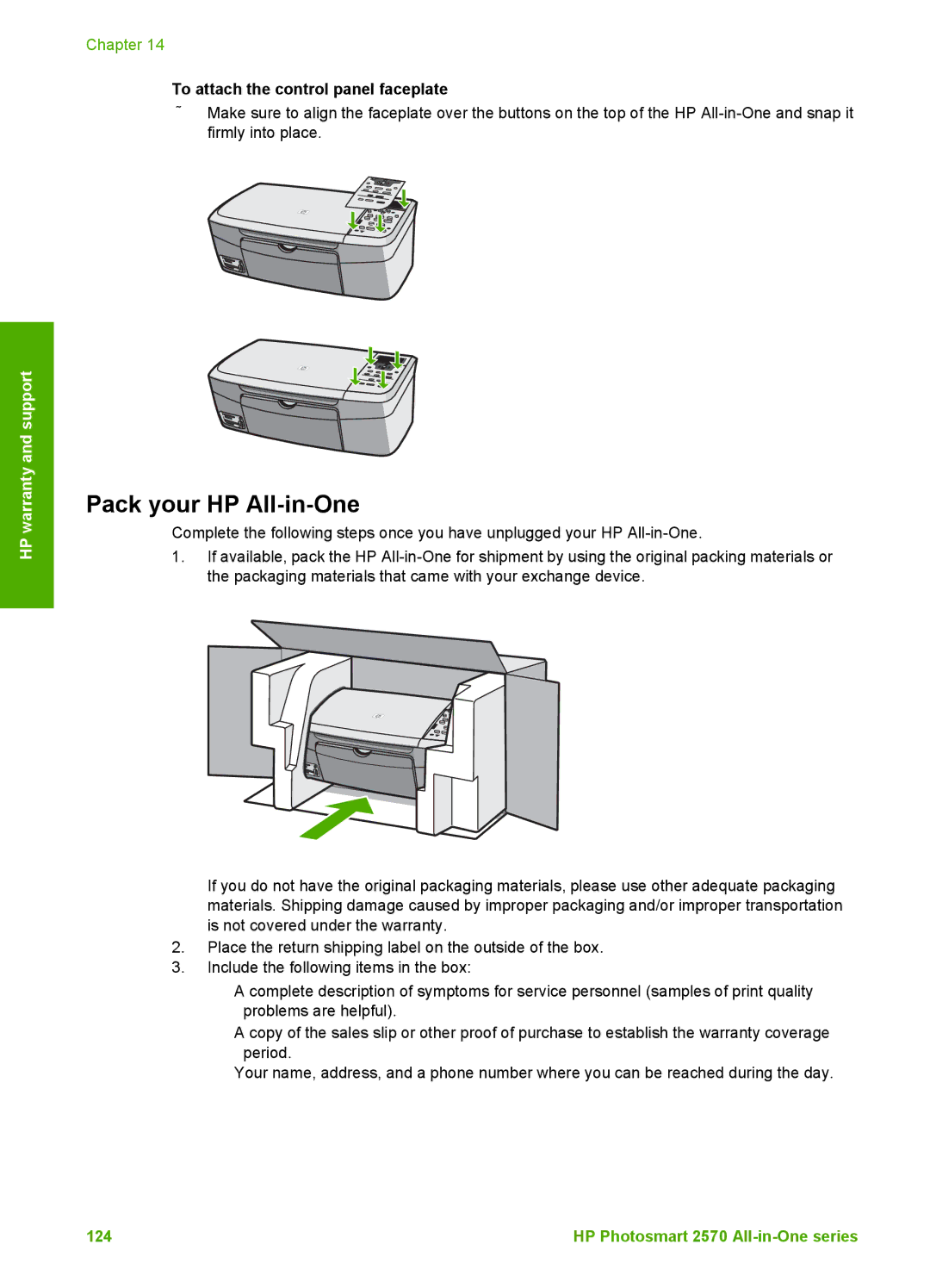 HP 2575xi, 2575v manual Pack your HP All-in-One, To attach the control panel faceplate 