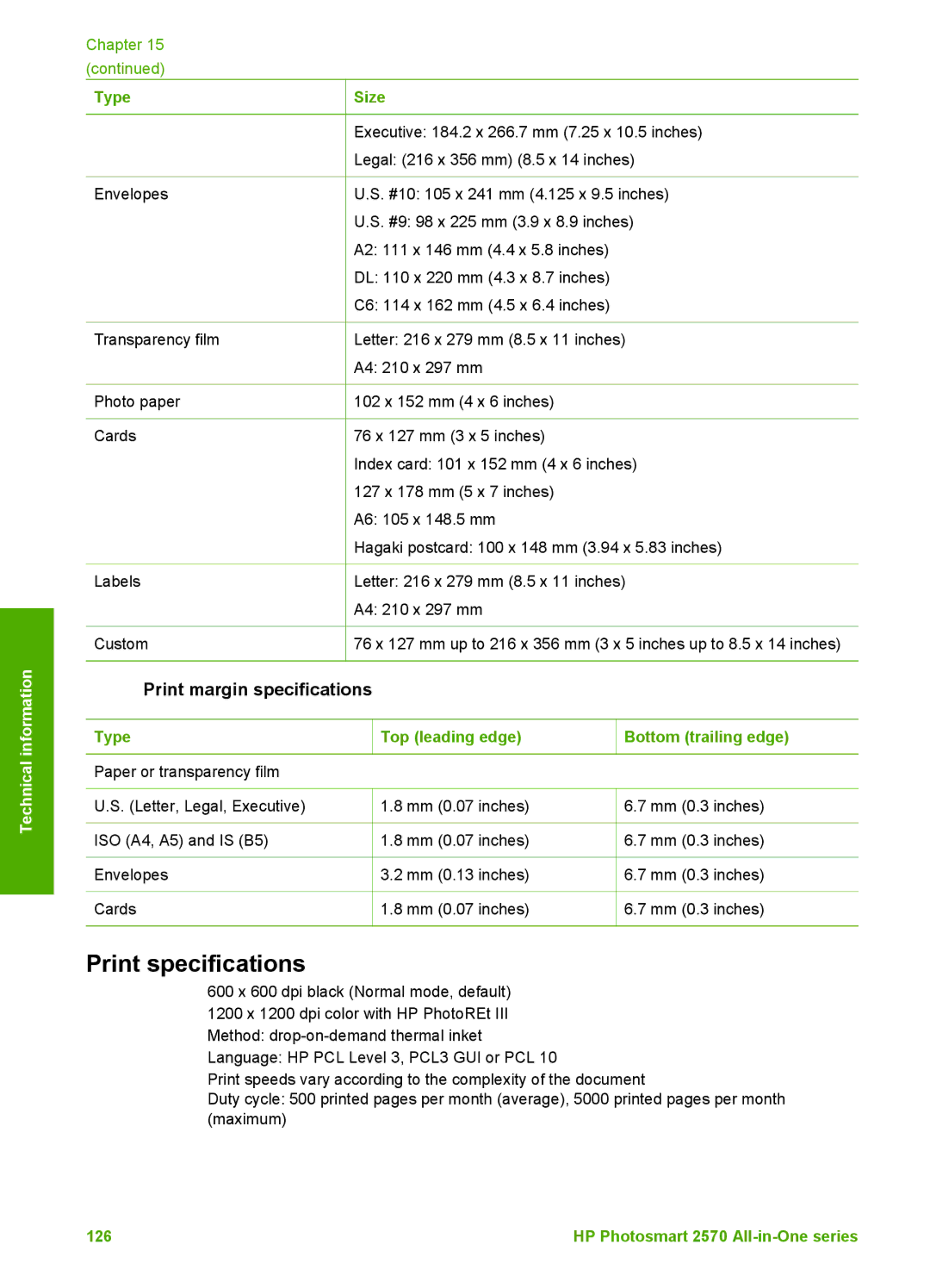 HP 2575xi, 2575v manual Print specifications, Print margin specifications 