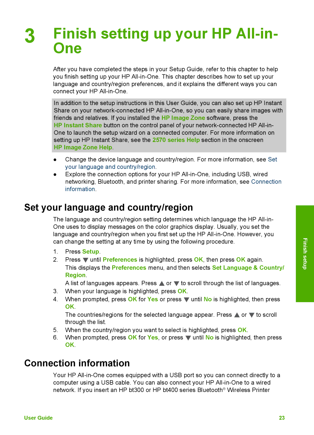 HP 2575v, 2575xi manual Finish setting up your HP All-in, One, Set your language and country/region, Connection information 