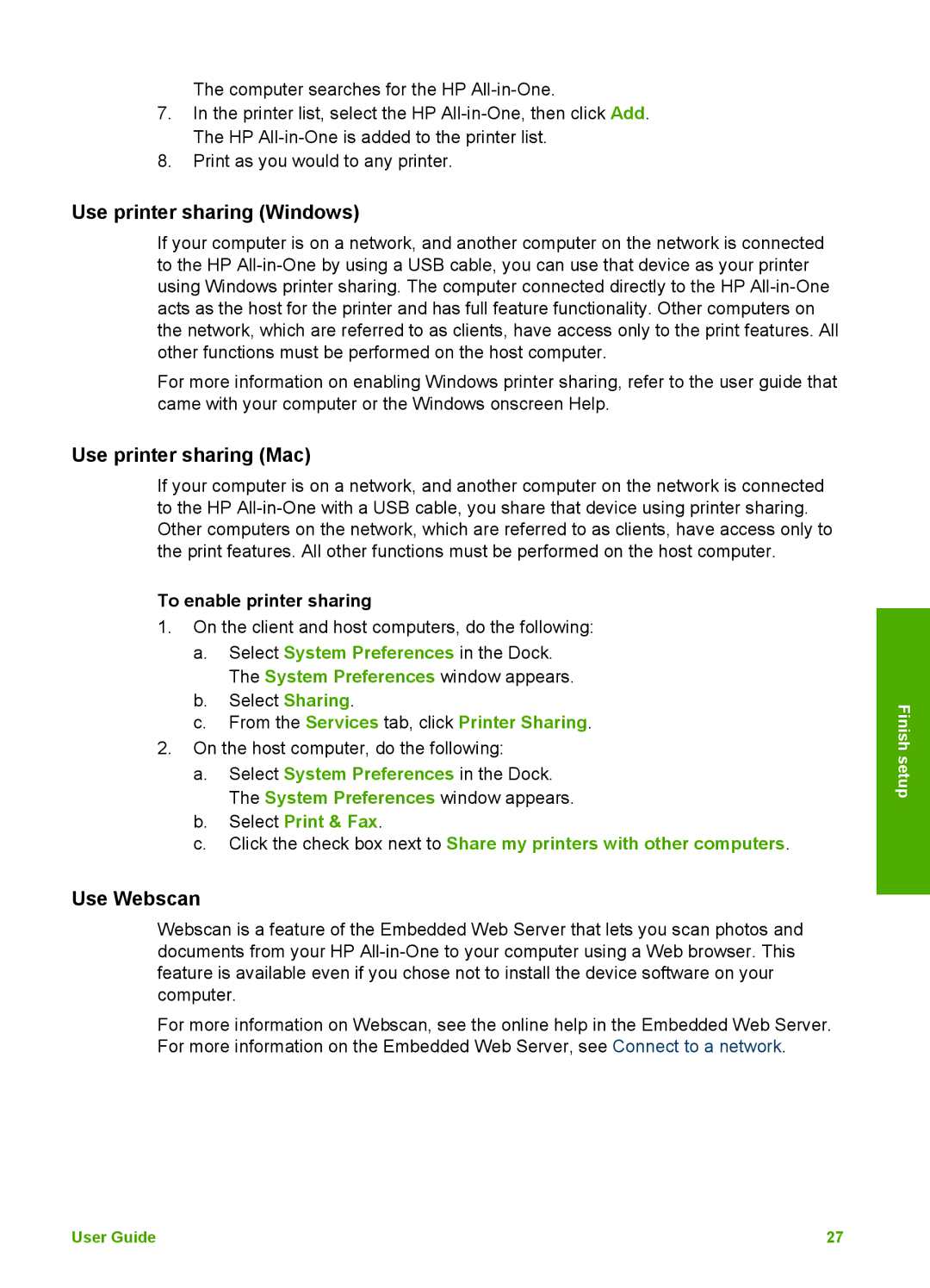 HP 2575v, 2575xi manual Use printer sharing Windows, Use printer sharing Mac, Use Webscan, To enable printer sharing 