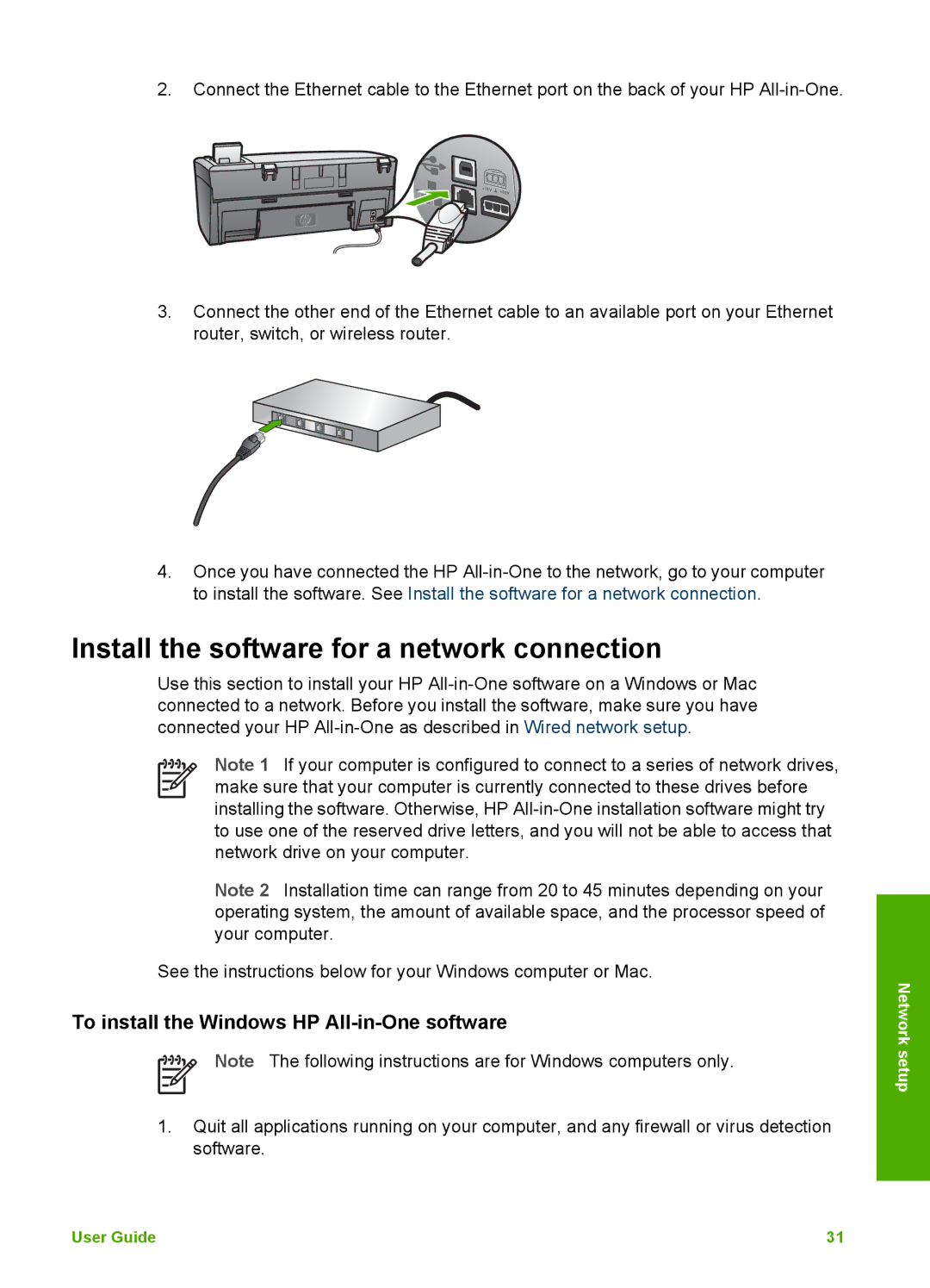 HP 2575v, 2575xi manual Install the software for a network connection, To install the Windows HP All-in-One software 