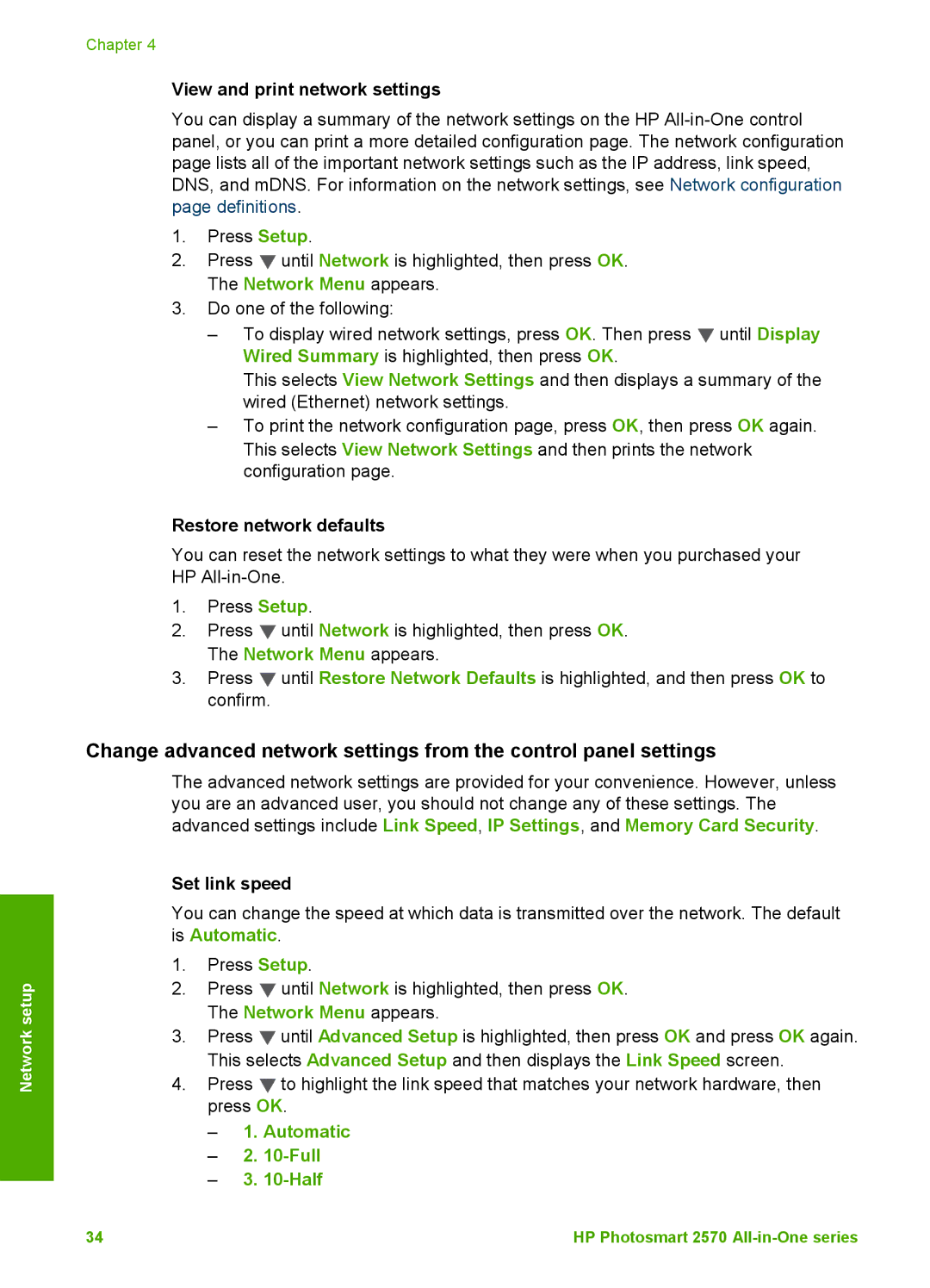 HP 2575xi, 2575v manual View and print network settings, Restore network defaults, Set link speed, Automatic Full Half 