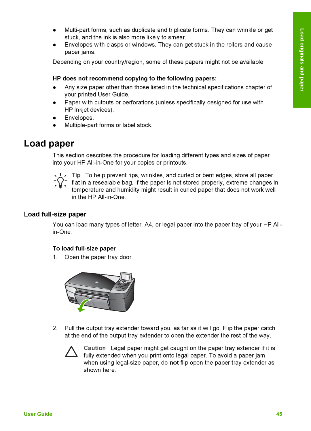 HP 2575v Load paper, Load full-size paper, HP does not recommend copying to the following papers, To load full-size paper 