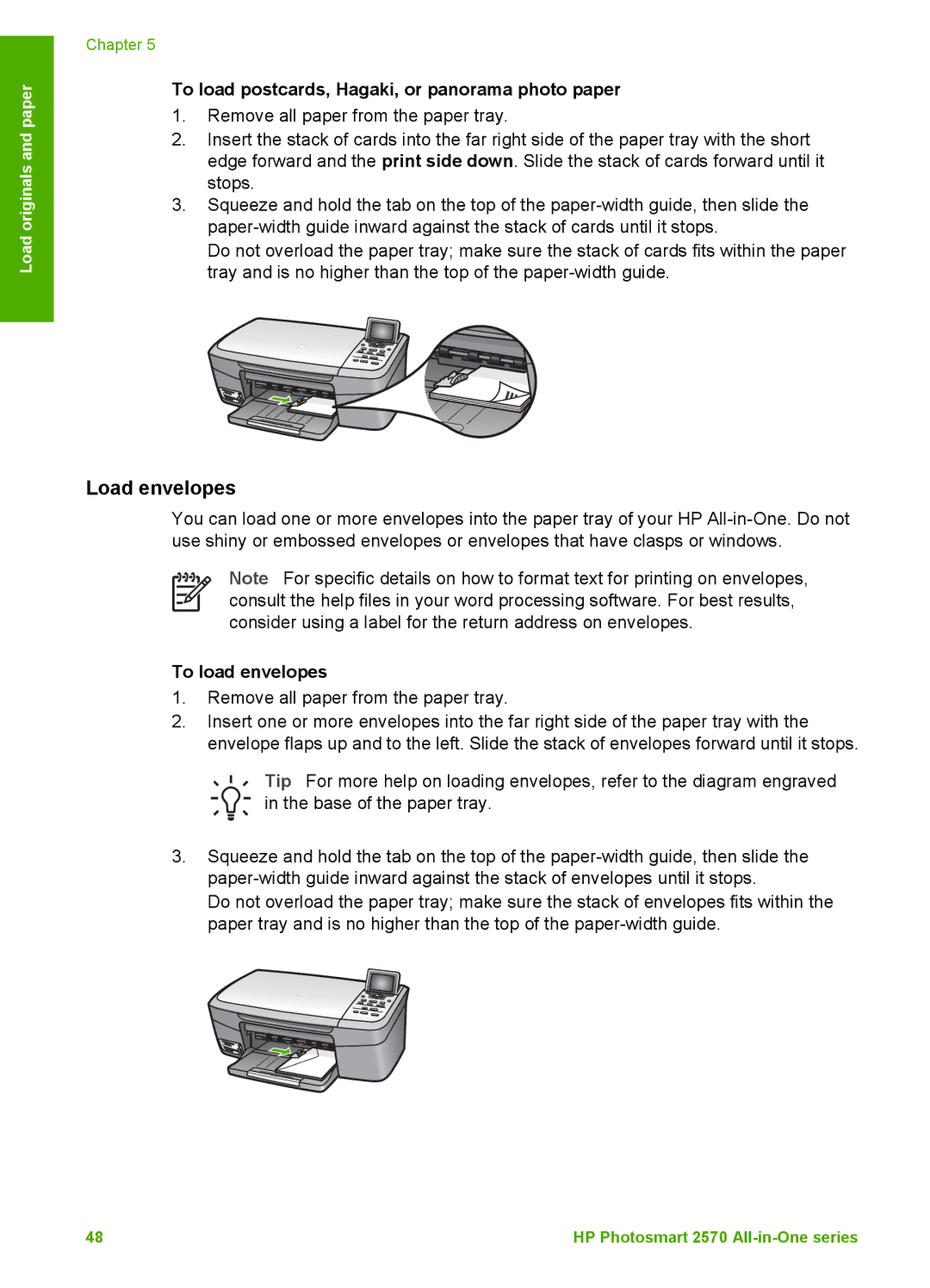 HP 2575xi, 2575v manual Load envelopes, To load postcards, Hagaki, or panorama photo paper, To load envelopes 