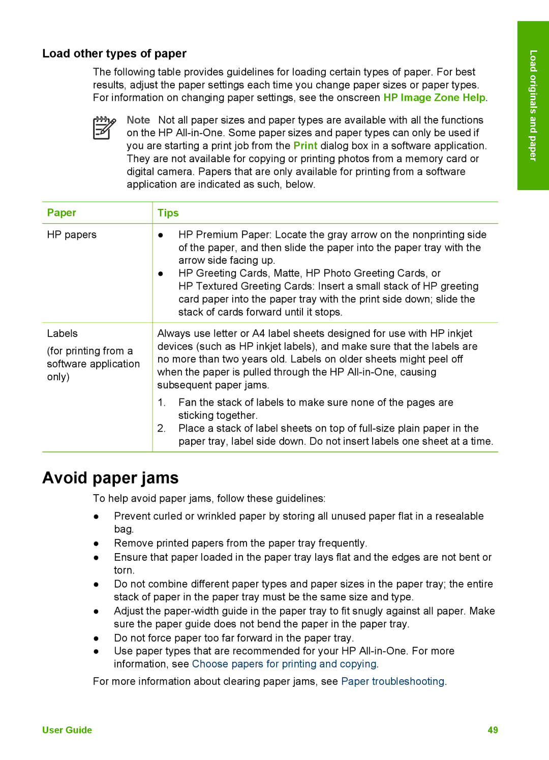 HP 2575v, 2575xi manual Avoid paper jams, Load other types of paper, Paper Tips 