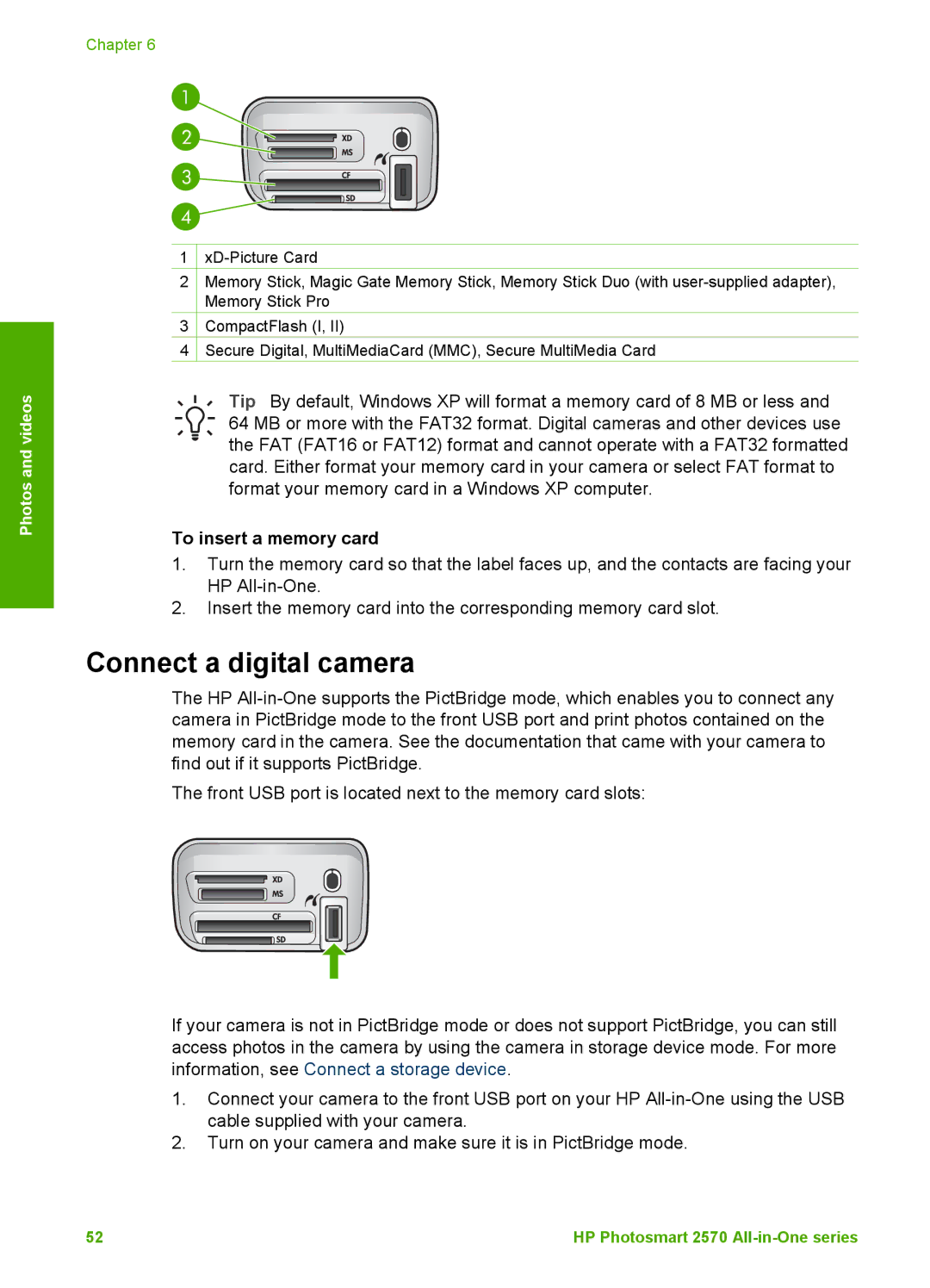 HP 2575xi, 2575v manual Connect a digital camera, To insert a memory card 