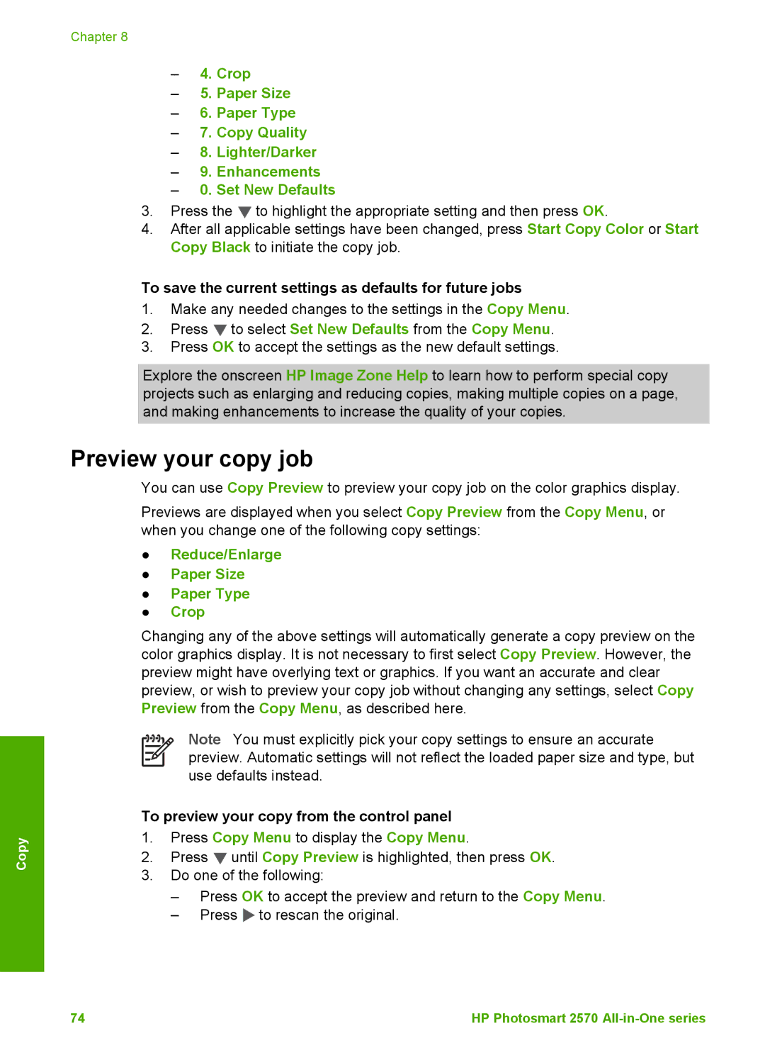 HP 2575xi, 2575v manual Preview your copy job, To save the current settings as defaults for future jobs 