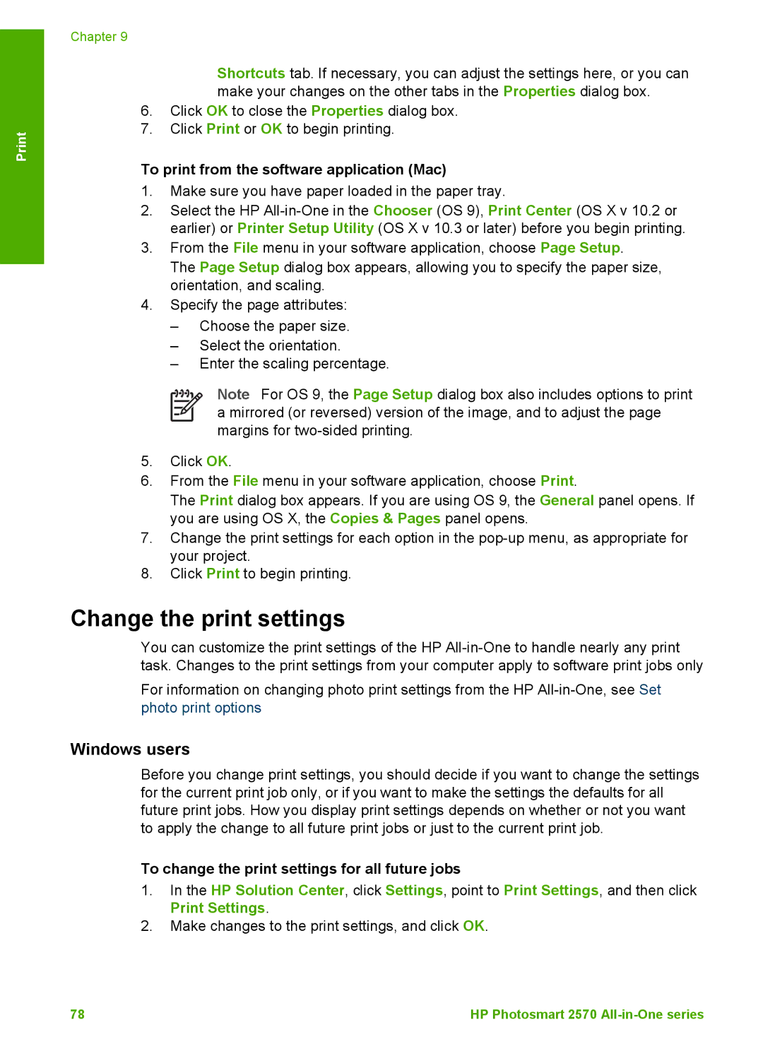 HP 2575xi, 2575v manual Change the print settings, Windows users, To print from the software application Mac 