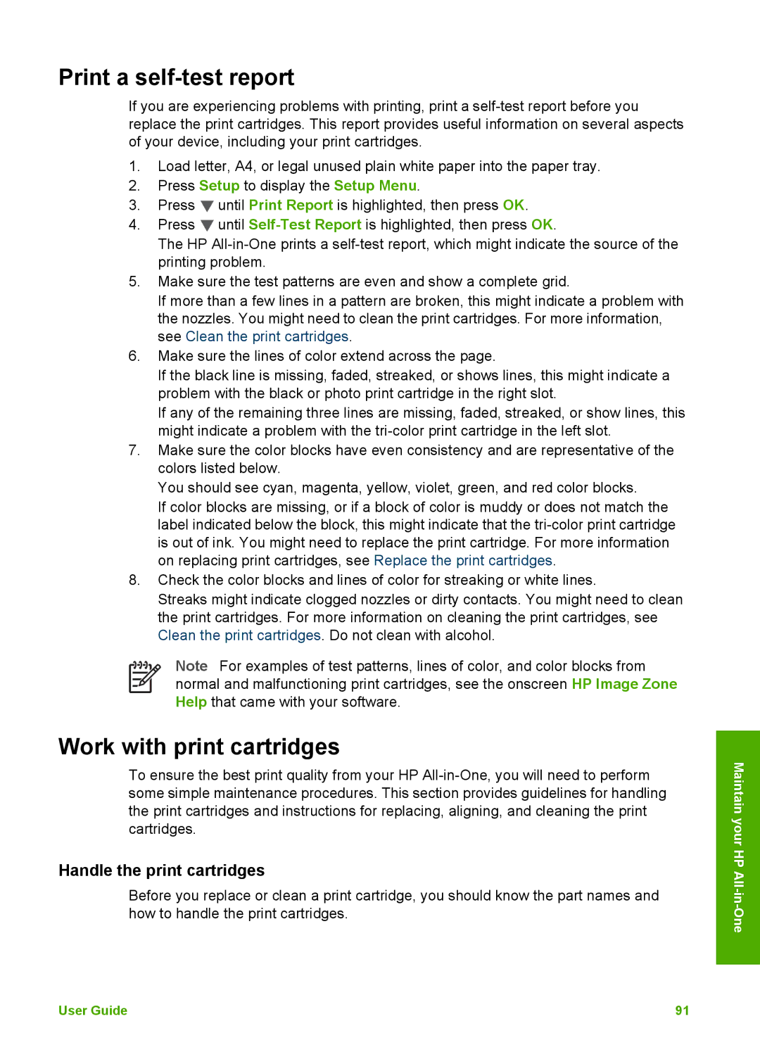 HP 2575v, 2575xi manual Print a self-test report, Work with print cartridges, Handle the print cartridges 