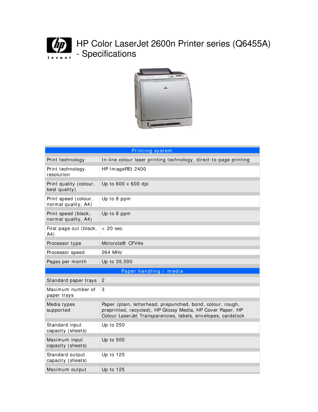 HP 2600n manual Printing system, Paper handling / media 