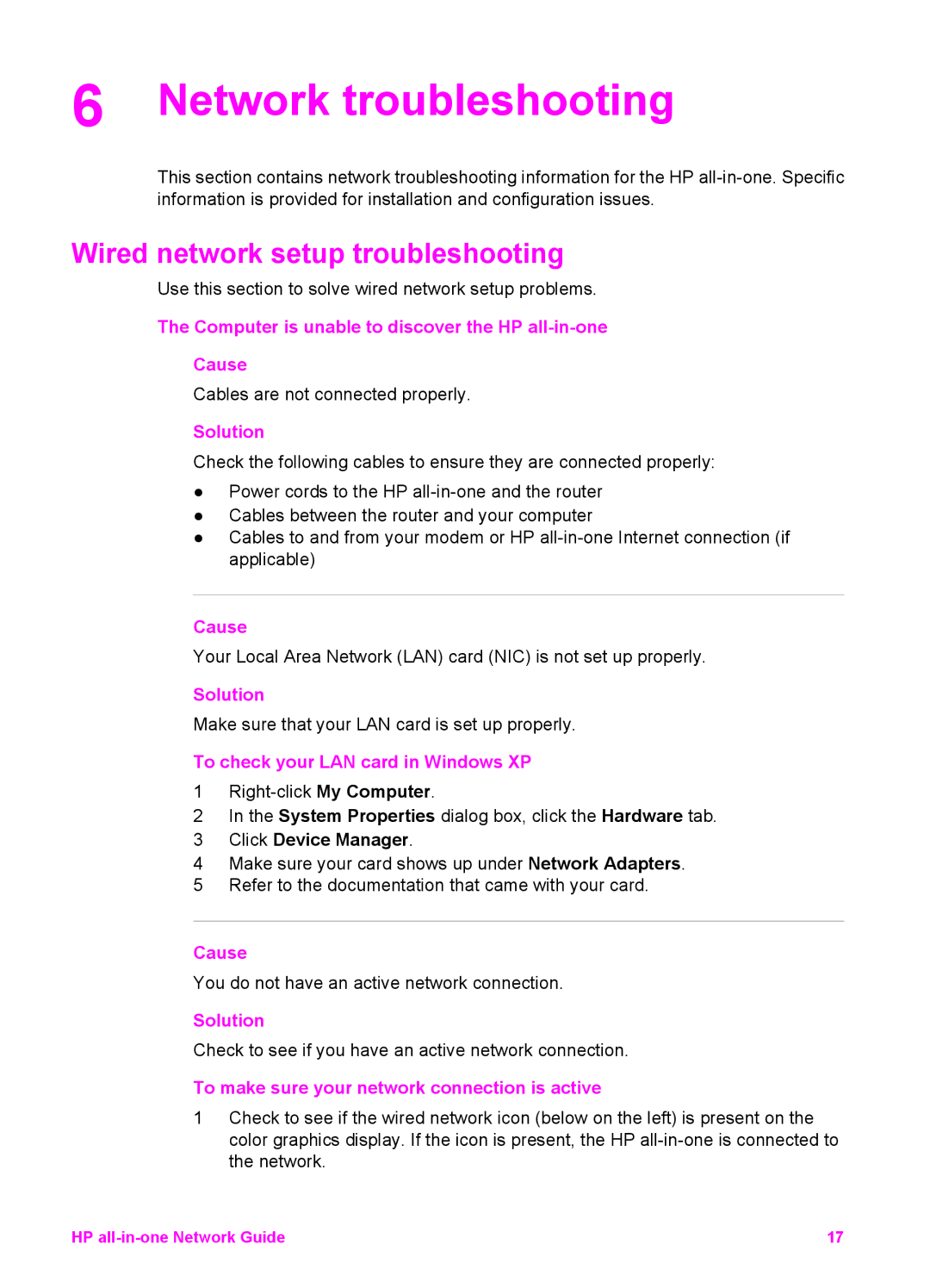 HP 2610xi, 2613, 7310xi manual Network troubleshooting, Wired network setup troubleshooting 