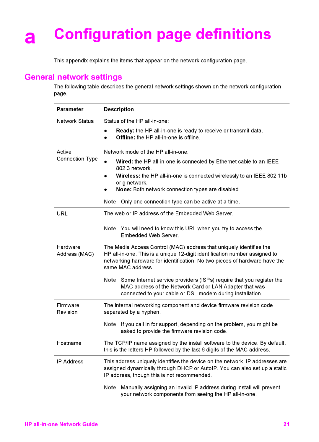 HP 2610xi, 2613, 7310xi manual Configuration page definitions, General network settings 