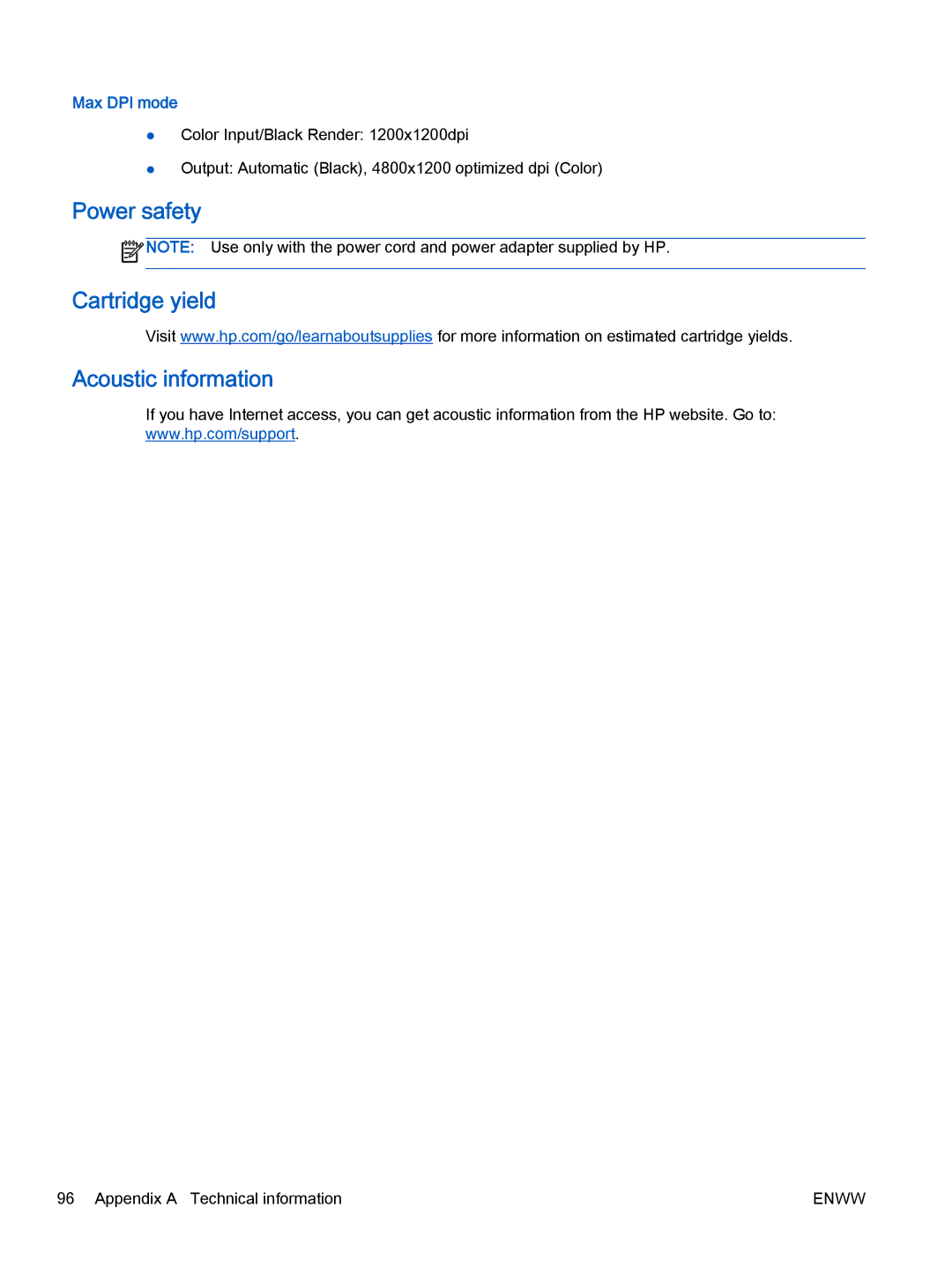 HP 2622, 2621 manual Power safety Cartridge yield Acoustic information, Max DPI mode 