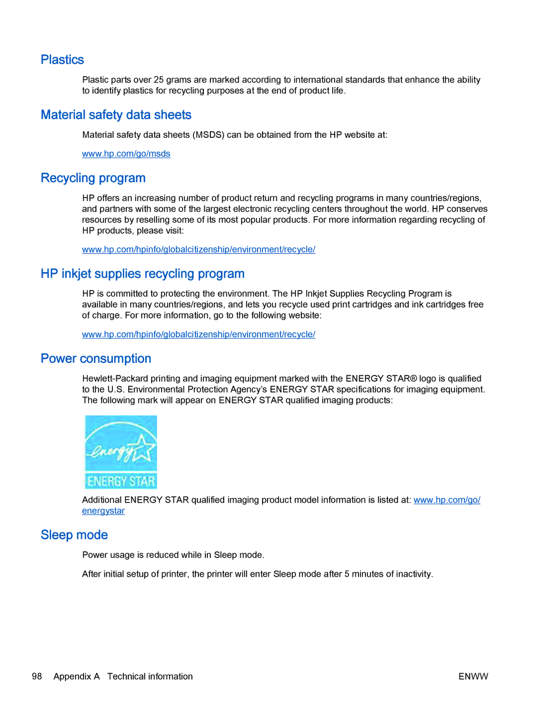 HP 2622 Plastics, Material safety data sheets, Recycling program, HP inkjet supplies recycling program, Power consumption 