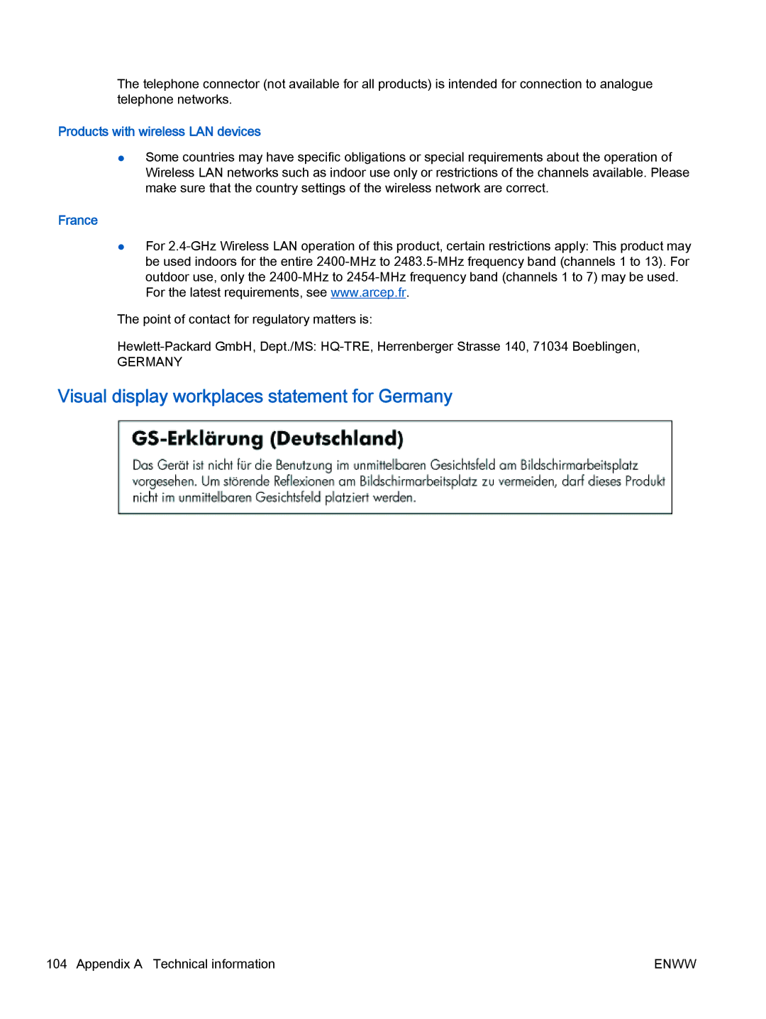 HP 2622, 2621 manual Visual display workplaces statement for Germany, Products with wireless LAN devices, France 