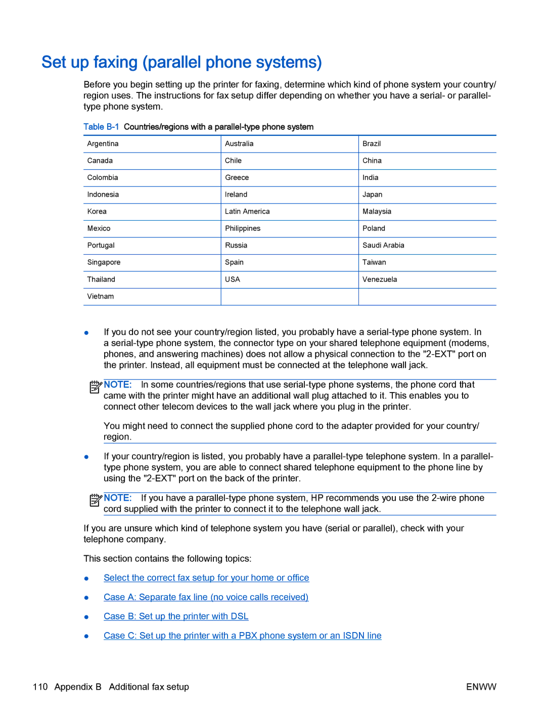 HP 2622, 2621 manual Set up faxing parallel phone systems, Countries/regions with a parallel-type phone system 