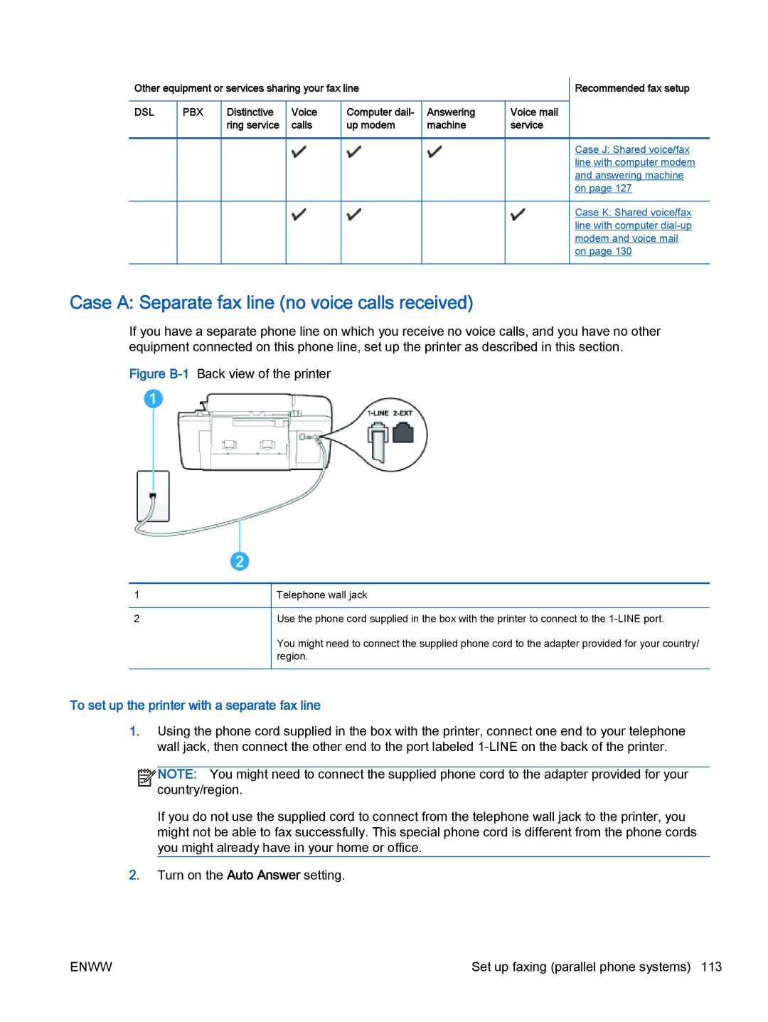 HP 2621, 2622 manual Case a Separate fax line no voice calls received, To set up the printer with a separate fax line 