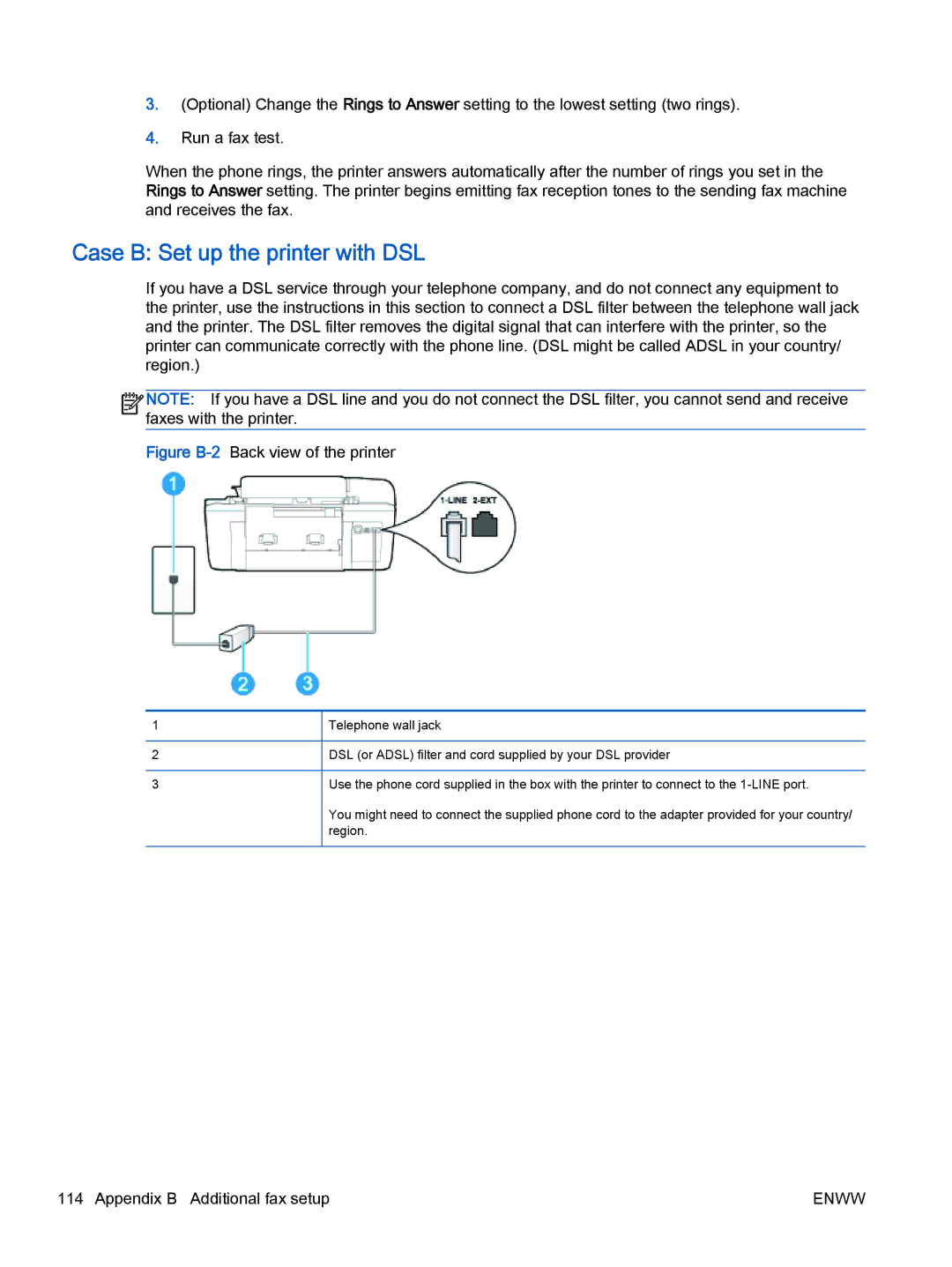 HP 2622, 2621 manual Case B Set up the printer with DSL, Figure B-2Back view of the printer 