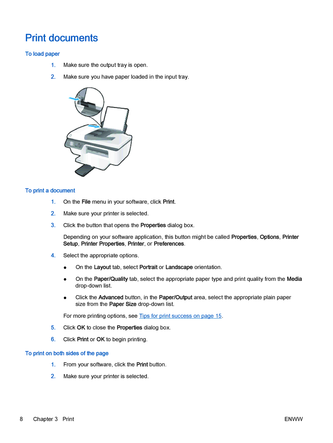 HP 2622, 2621 manual Print documents, To load paper, To print a document, To print on both sides 