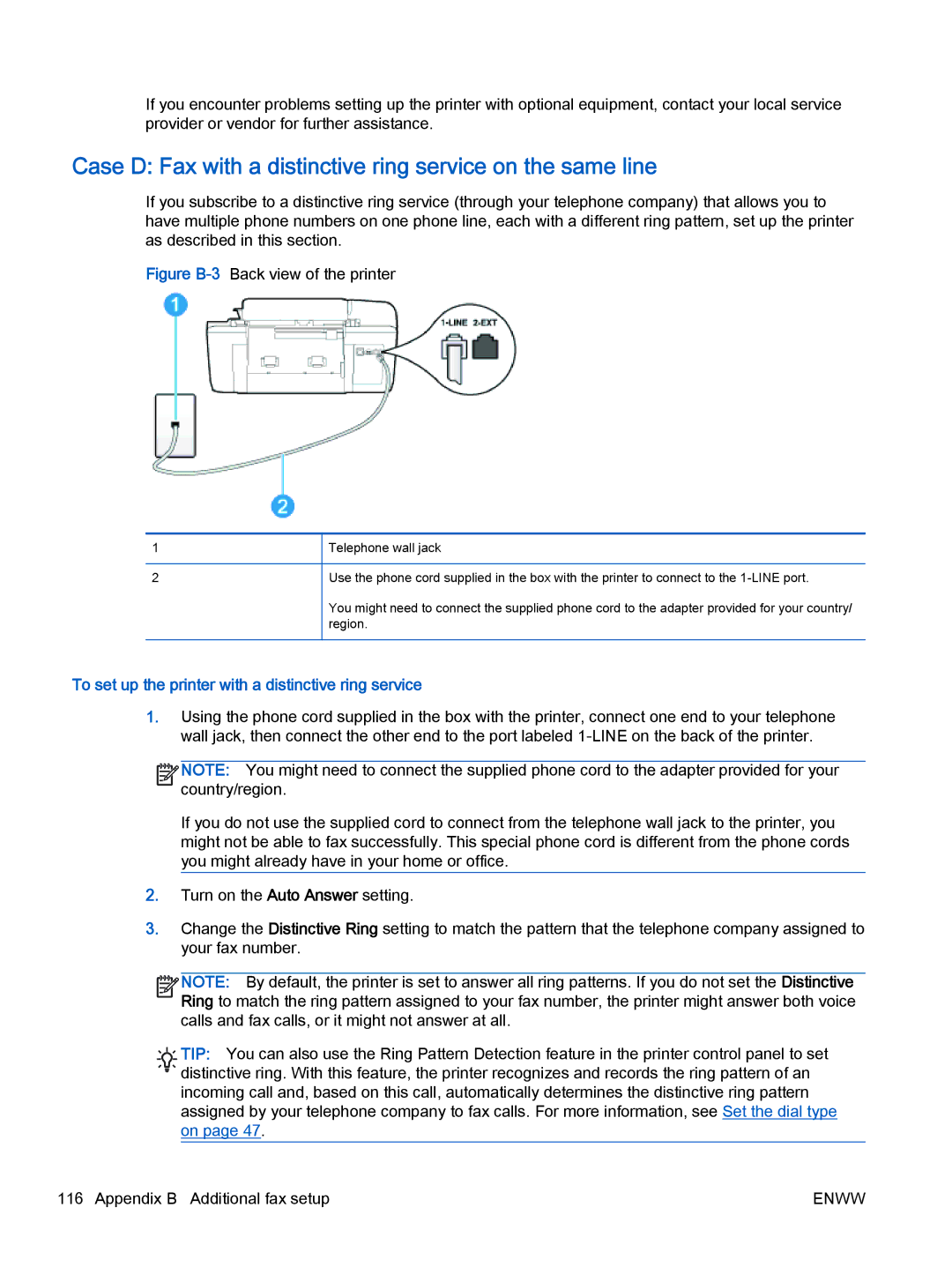 HP 2622 Case D Fax with a distinctive ring service on the same line, To set up the printer with a distinctive ring service 