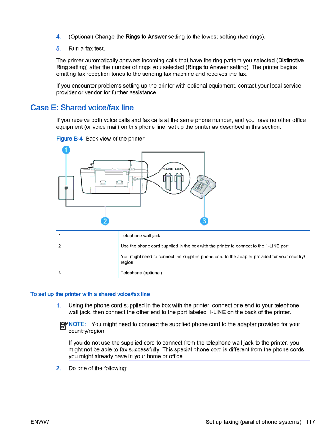 HP 2621, 2622 manual Case E Shared voice/fax line, To set up the printer with a shared voice/fax line 