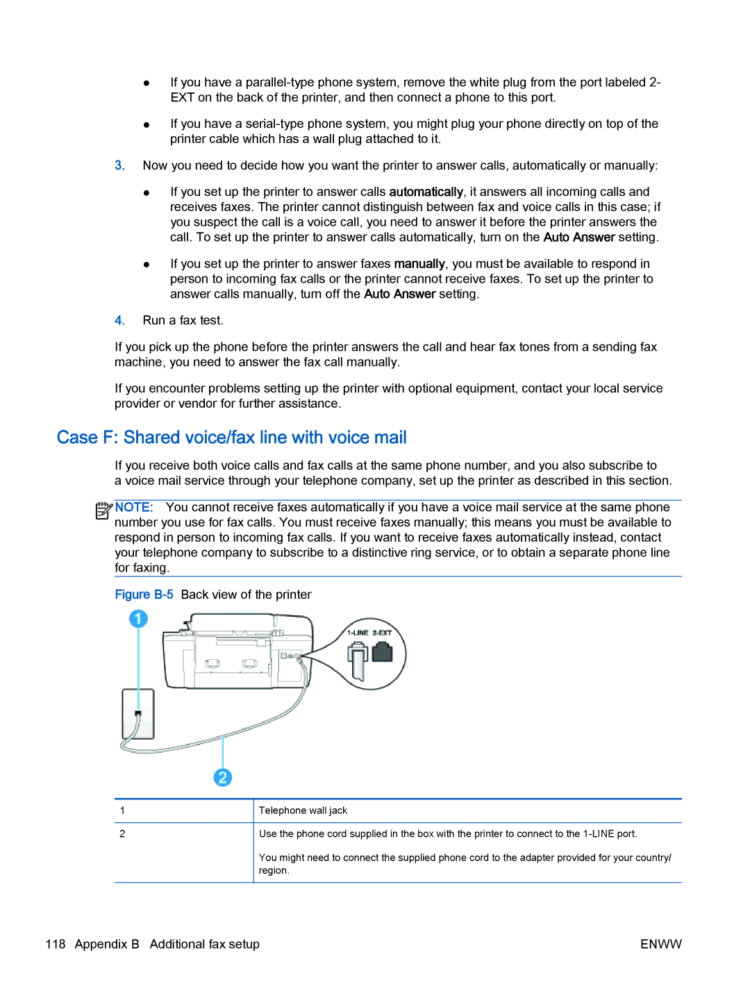 HP 2622, 2621 manual Case F Shared voice/fax line with voice mail, Figure B-5Back view of the printer 