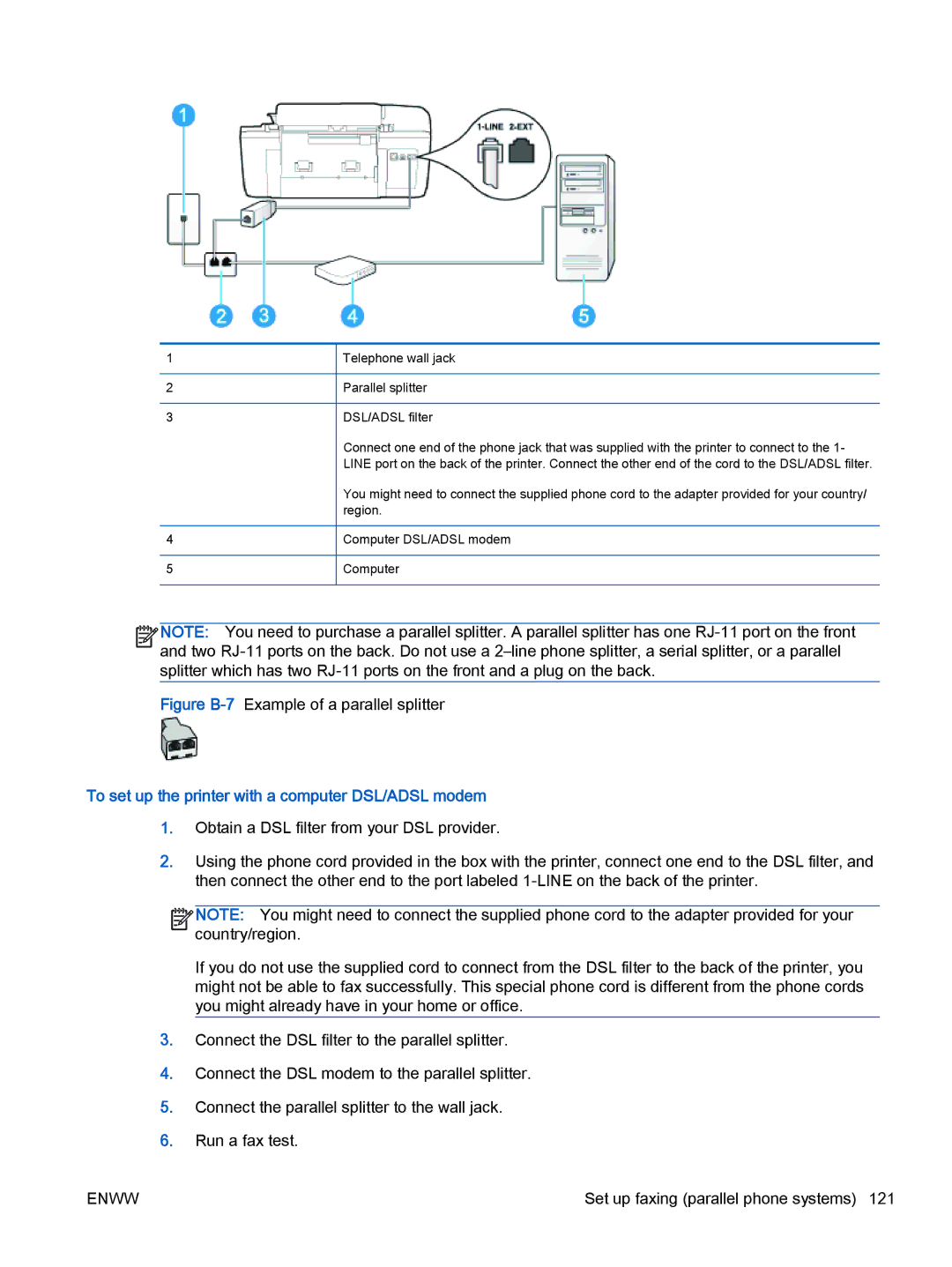 HP 2621, 2622 To set up the printer with a computer DSL/ADSL modem, Telephone wall jack Parallel splitter DSL/ADSL filter 