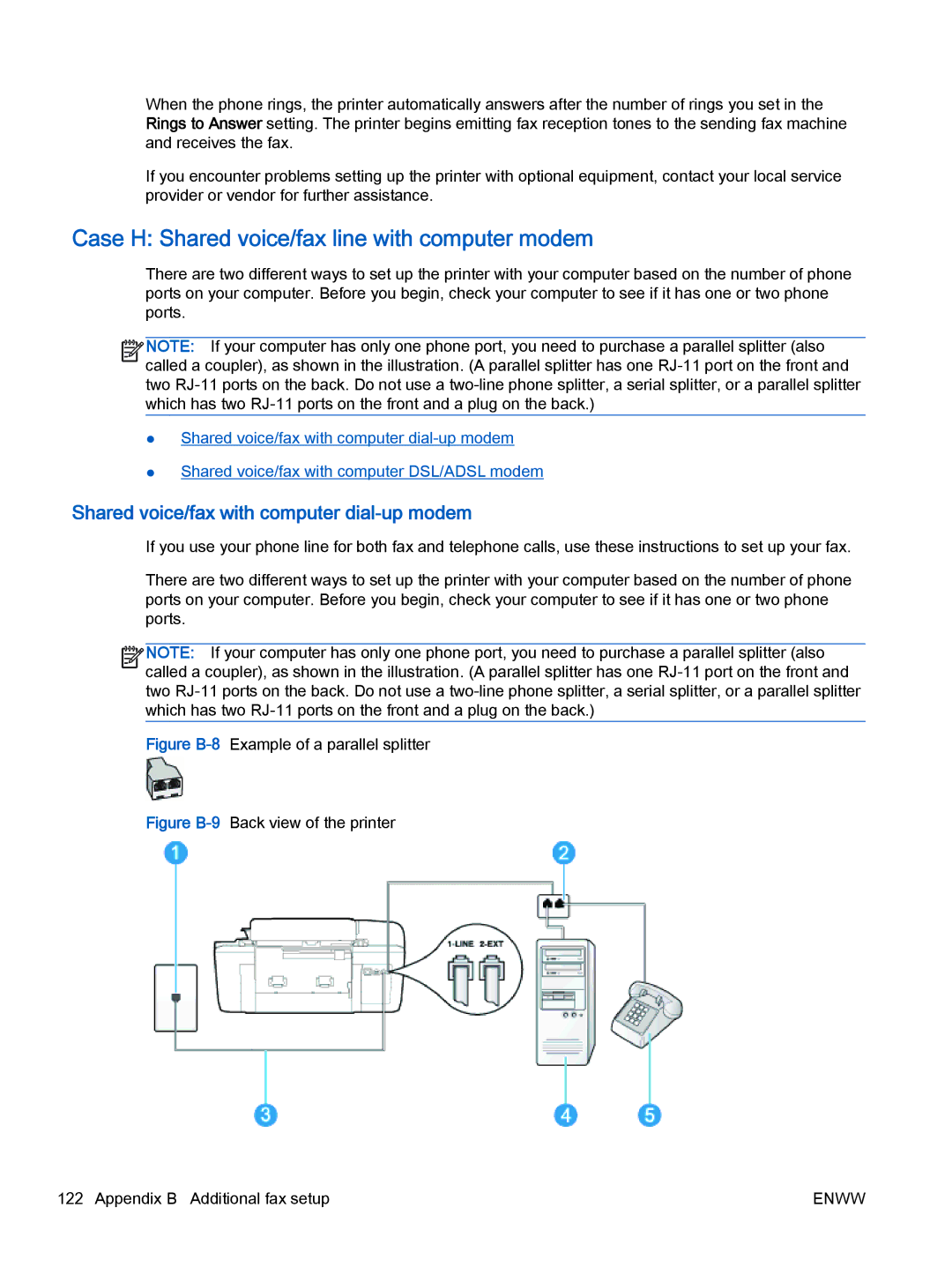 HP 2622, 2621 manual Case H Shared voice/fax line with computer modem, Shared voice/fax with computer dial-up modem 