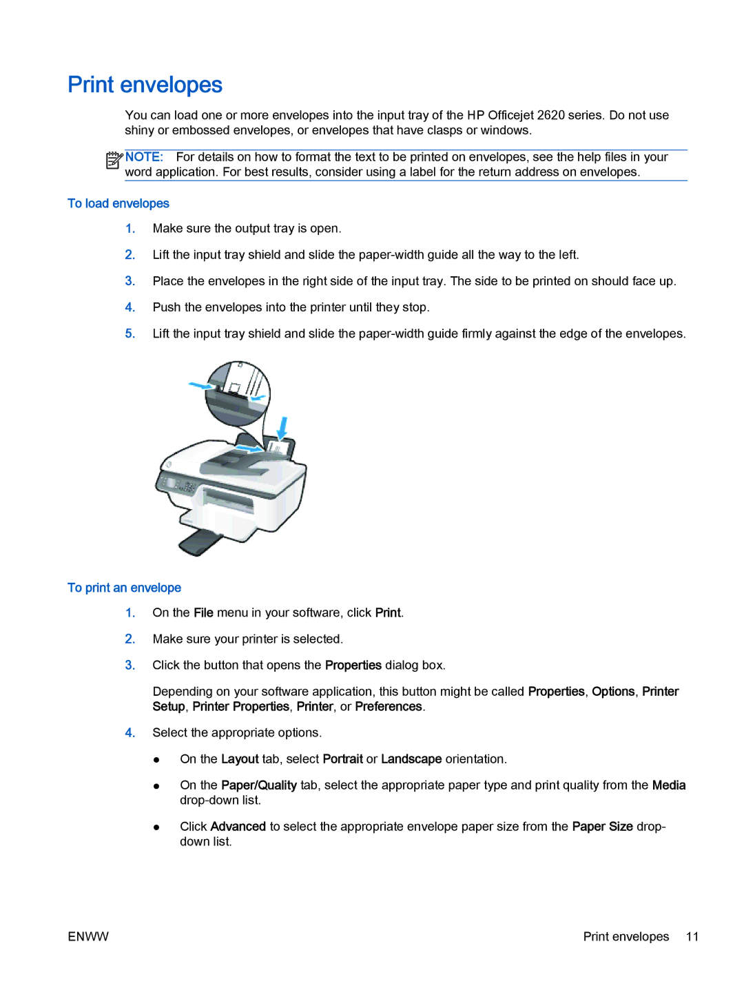 HP 2621, 2622 manual Print envelopes, To load envelopes, To print an envelope 