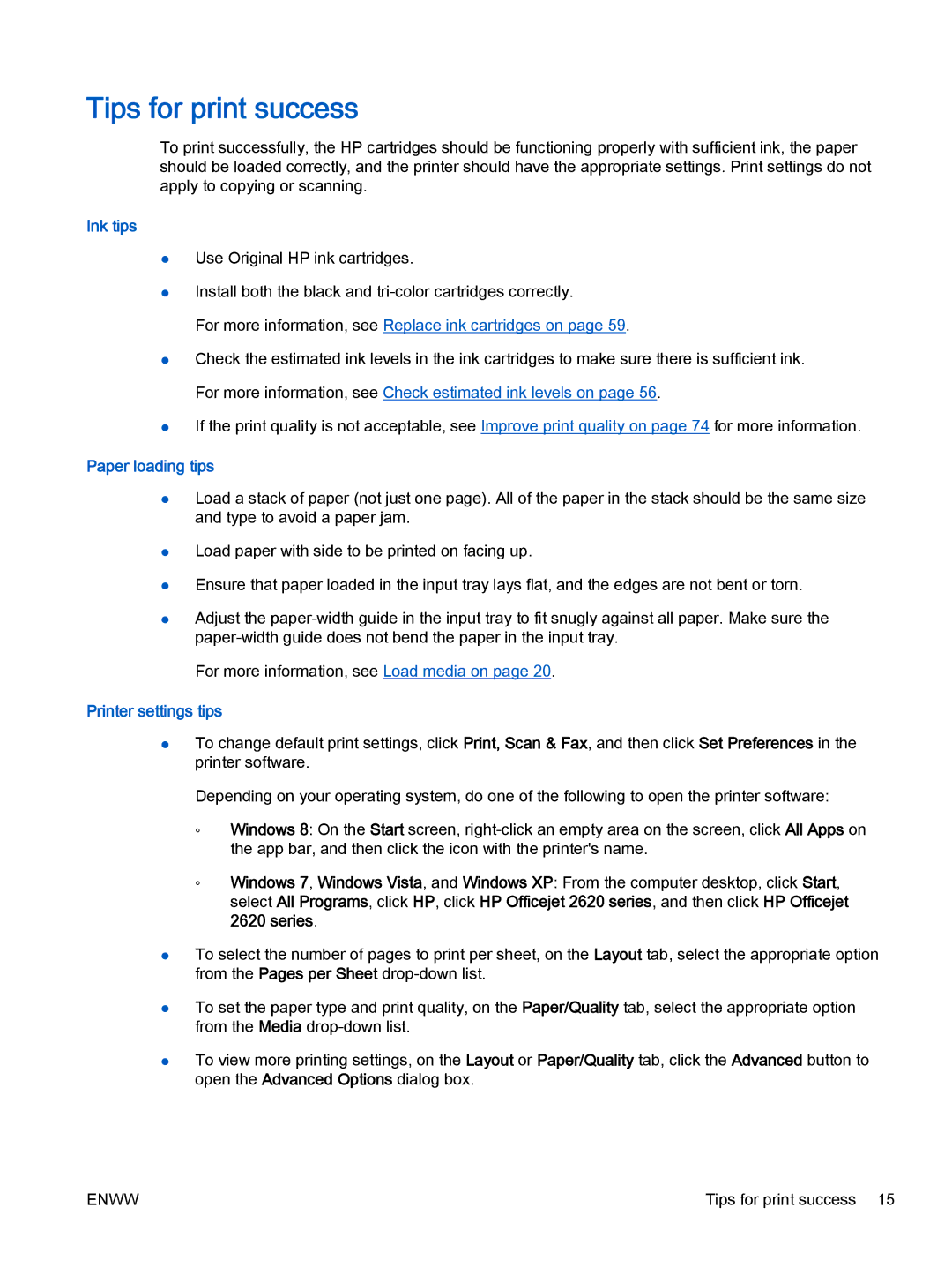 HP 2621, 2622 manual Tips for print success, Ink tips, Paper loading tips, Printer settings tips 