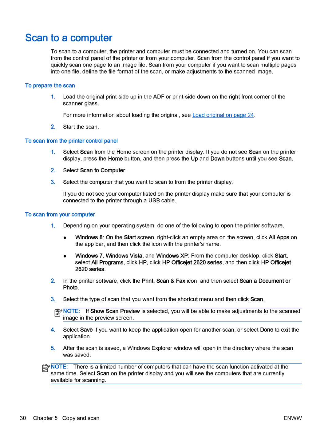 HP 2622, 2621 Scan to a computer, To prepare the scan, To scan from the printer control panel, To scan from your computer 