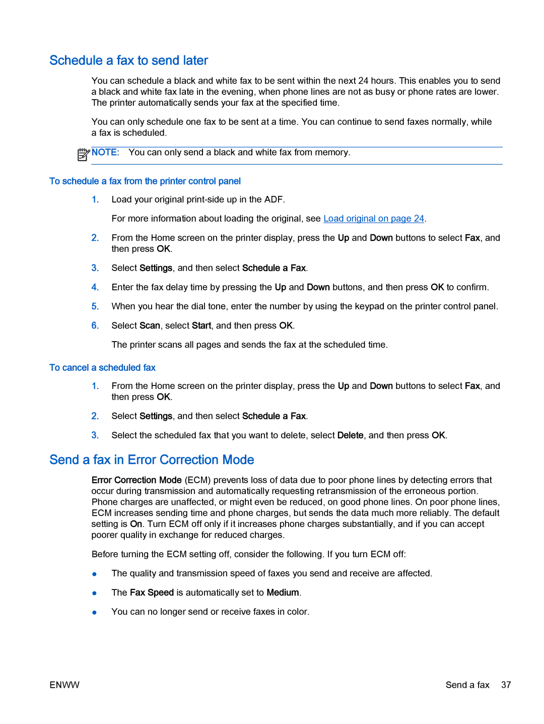 HP 2621, 2622 manual Schedule a fax to send later, Send a fax in Error Correction Mode, To cancel a scheduled fax 