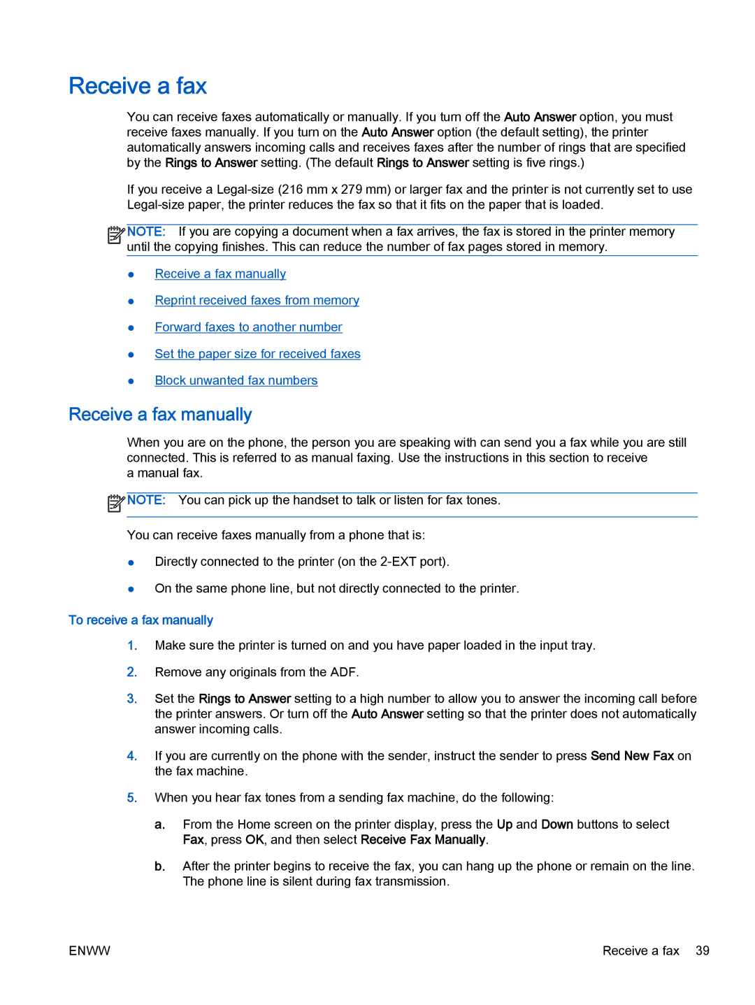 HP 2621, 2622 Receive a fax manually, To receive a fax manually 