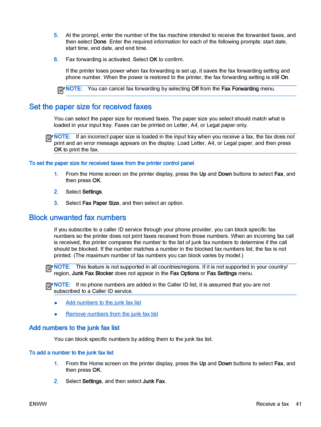 HP 2621, 2622 manual Set the paper size for received faxes, Block unwanted fax numbers, To add a number to the junk fax list 