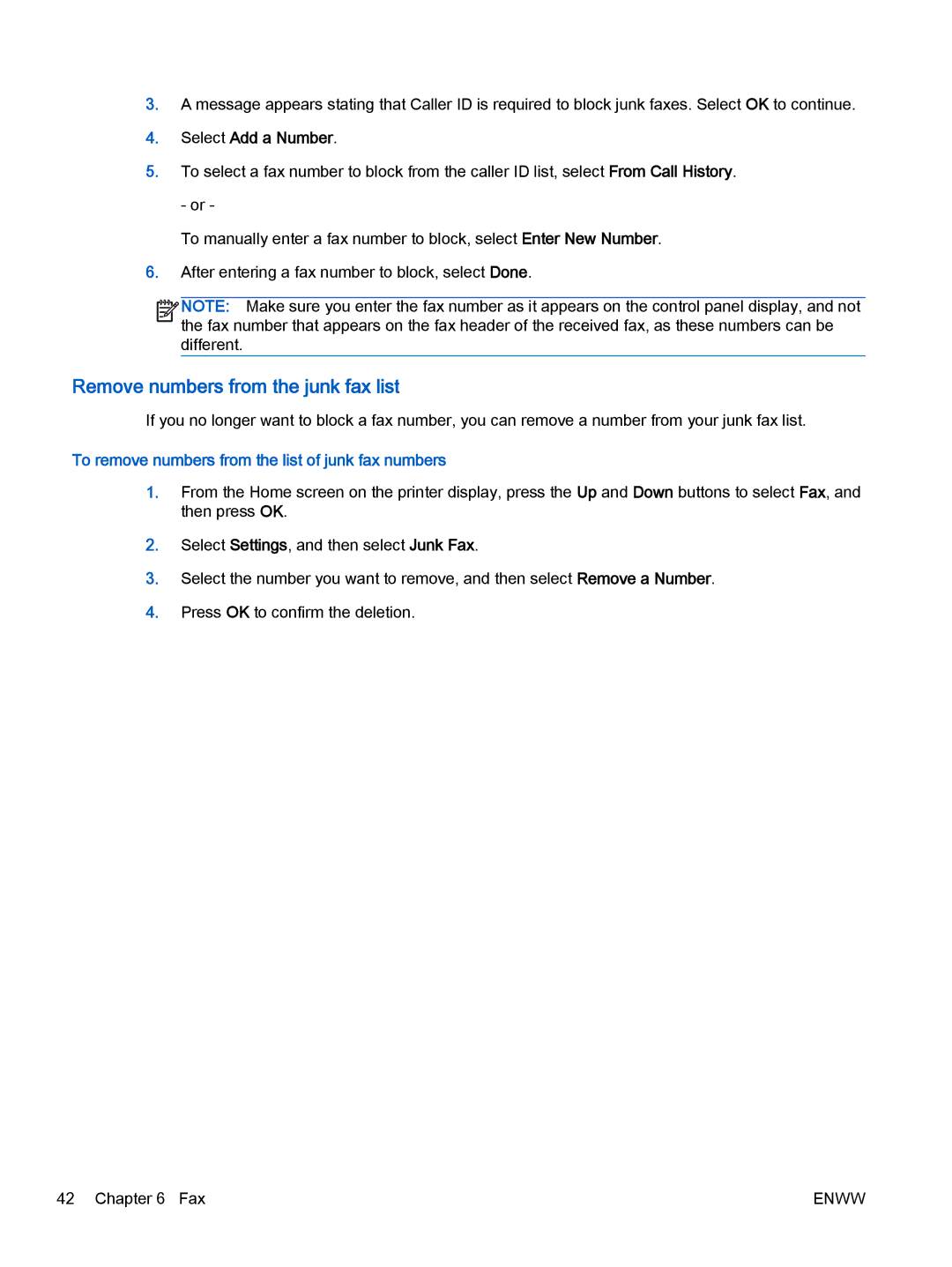 HP 2622, 2621 manual Select Add a Number, To remove numbers from the list of junk fax numbers 