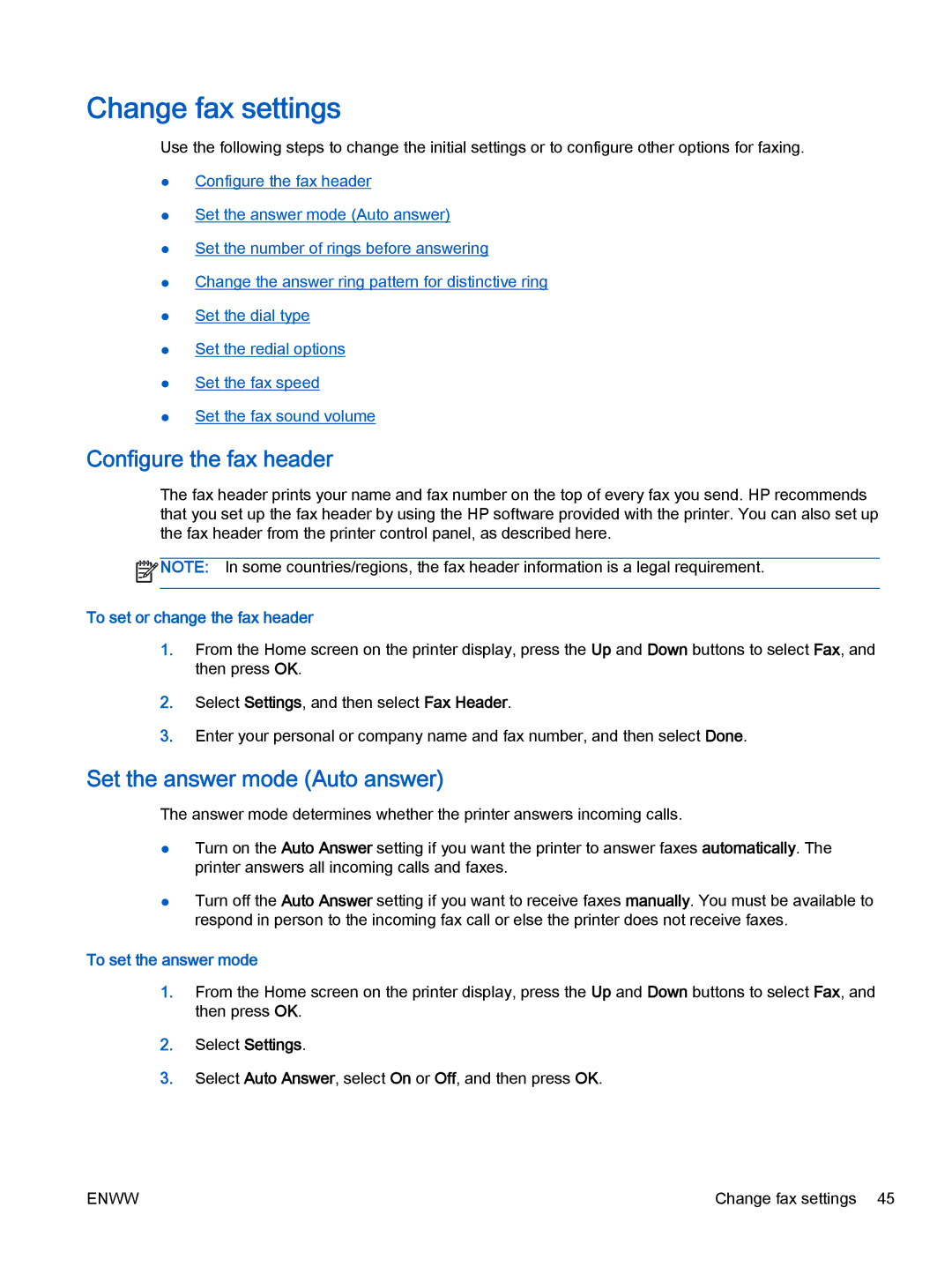 HP 2621 Change fax settings, Configure the fax header, Set the answer mode Auto answer, To set or change the fax header 