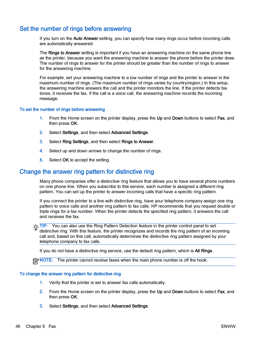 HP 2622, 2621 manual Set the number of rings before answering, Change the answer ring pattern for distinctive ring 