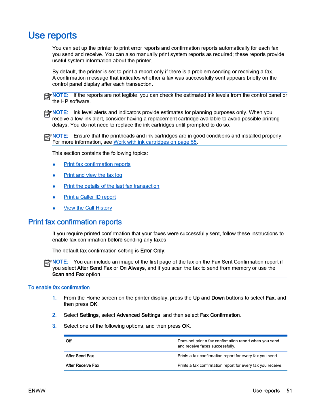 HP 2621, 2622 manual Use reports, Print fax confirmation reports, To enable fax confirmation 