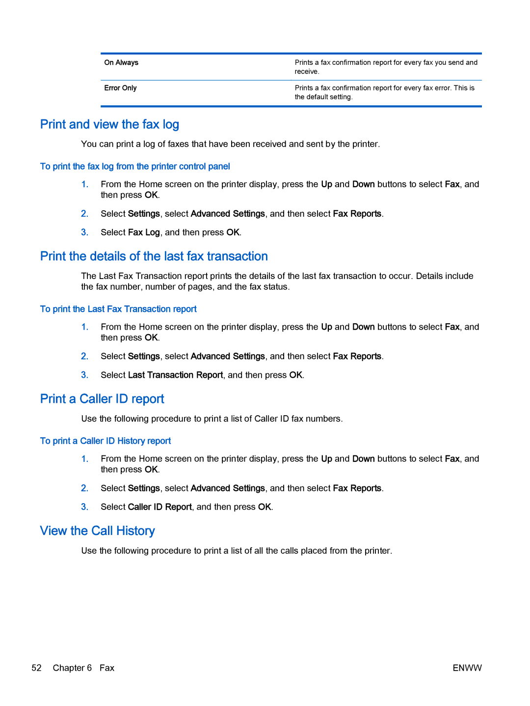 HP 2622, 2621 manual Print and view the fax log, Print the details of the last fax transaction, Print a Caller ID report 