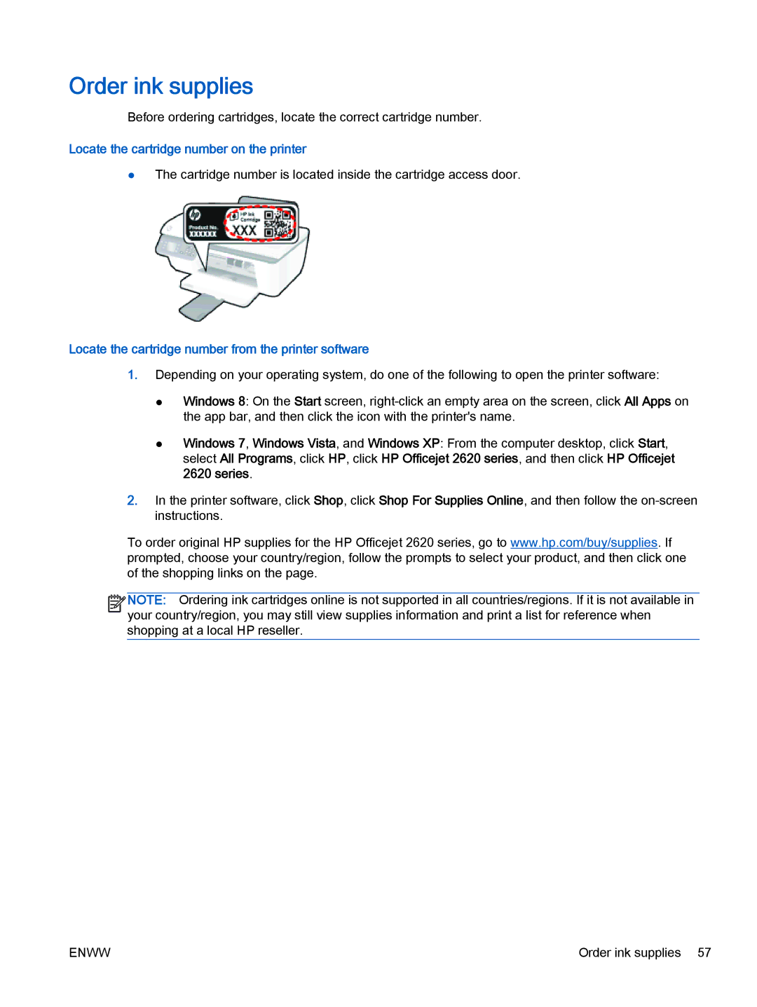 HP 2621, 2622 manual Order ink supplies, Locate the cartridge number on the printer 