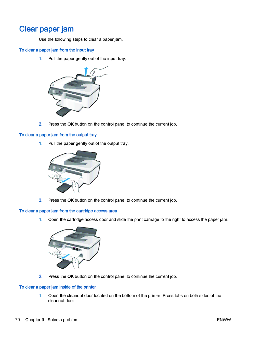 HP 2622, 2621 manual Clear paper jam, To clear a paper jam from the input tray, To clear a paper jam from the output tray 