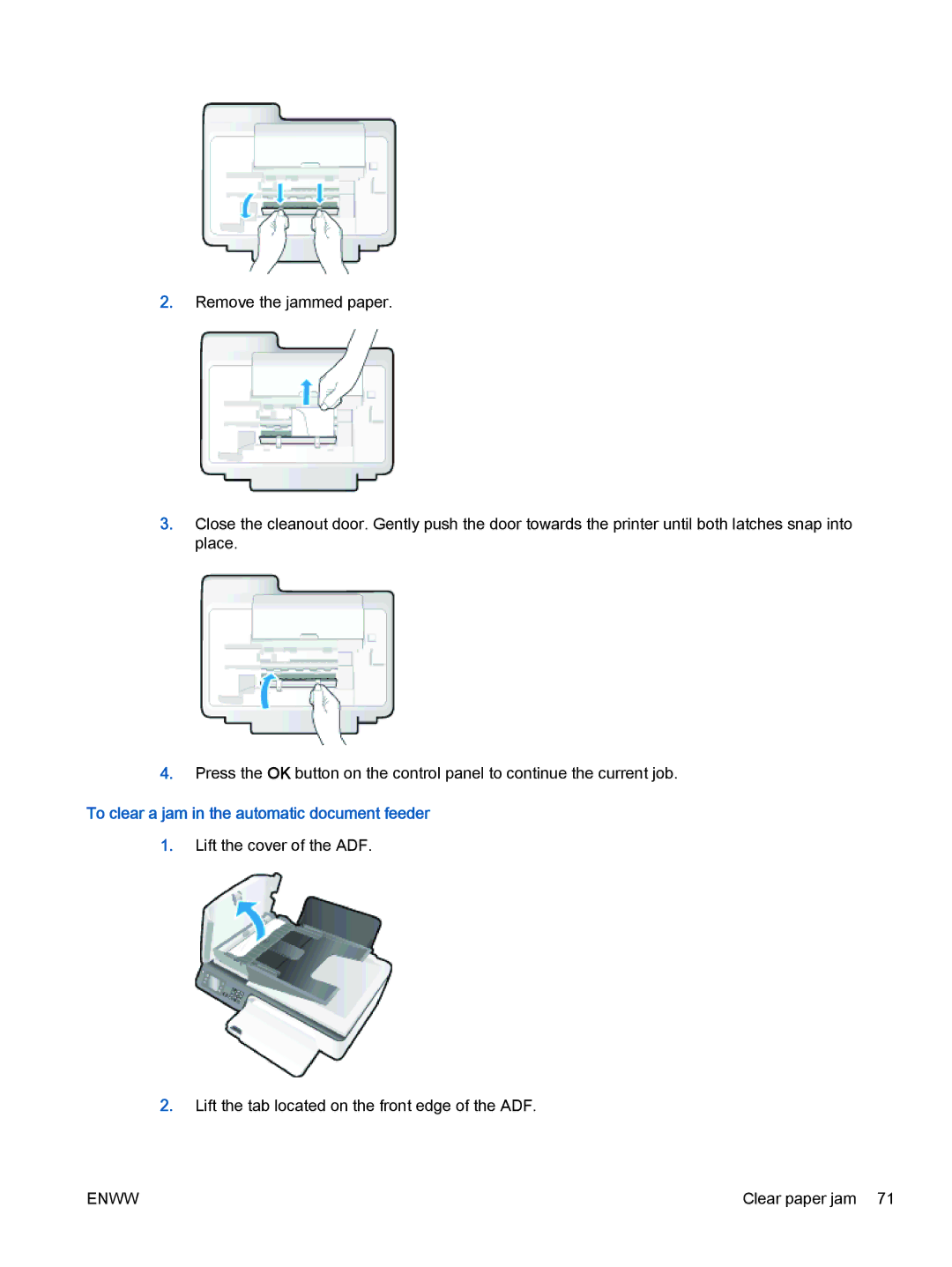 HP 2621, 2622 manual To clear a jam in the automatic document feeder 