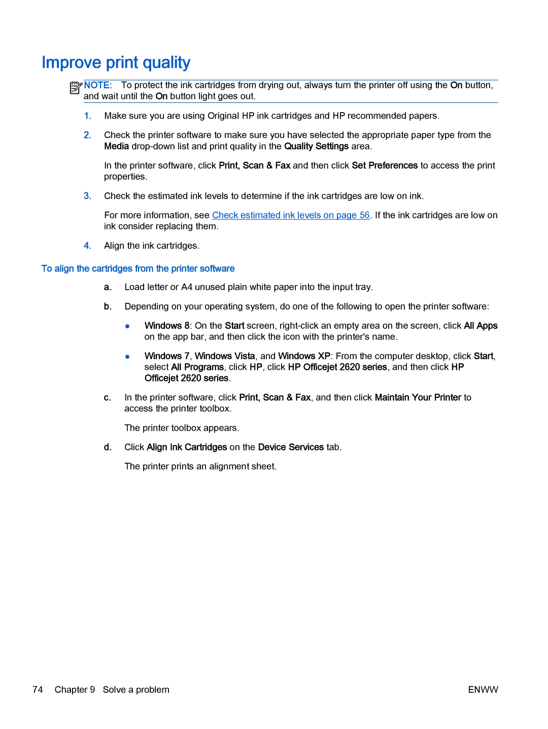 HP 2622, 2621 manual Improve print quality, To align the cartridges from the printer software 