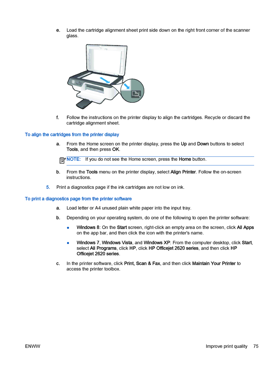 HP 2621, 2622 manual To align the cartridges from the printer display, To print a diagnostics page from the printer software 