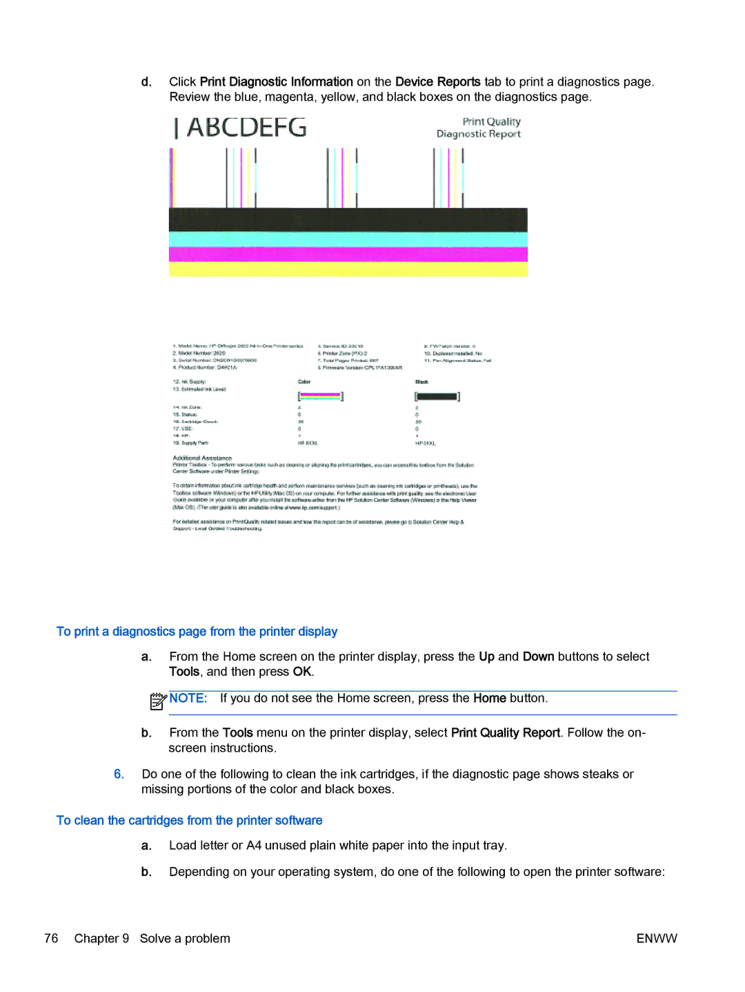 HP 2622, 2621 manual To print a diagnostics page from the printer display, To clean the cartridges from the printer software 